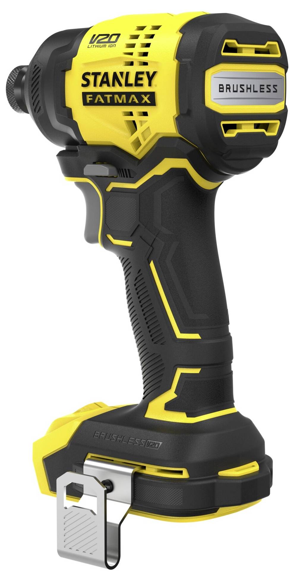 Stanley Fatmax V20 Akku-Schlagschrauber mit bürstenlosem Motor in Schwarz und Gelb, mit ergonomischem Griff und Gürtelclip-Befestigung, konzipiert für die Verwendung von Elektrowerkzeugen.