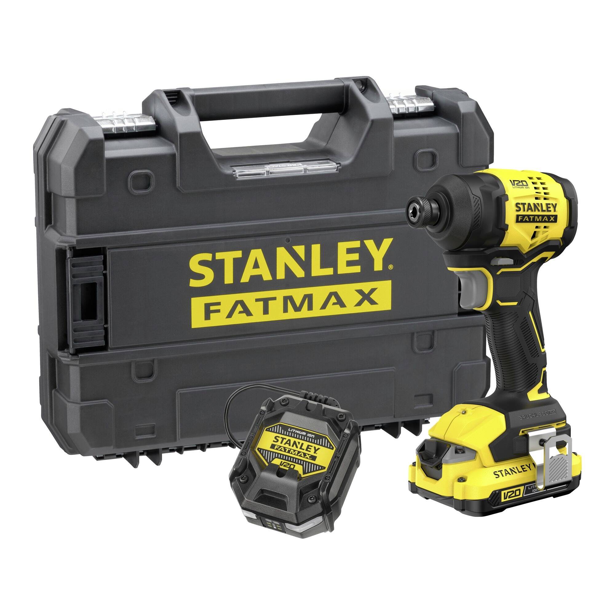 Ein Stanley Fatmax Elektrowerkzeugsatz mit einem gelb-schwarzen Schlagschrauber, einer Batterie und einer Transporttasche, dargestellt auf weißem Hintergrund.