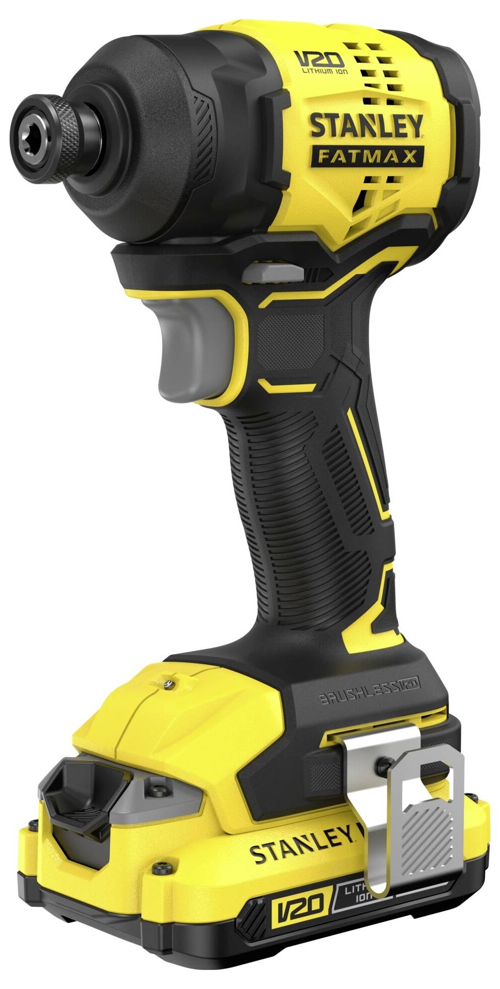 Ein gelbes und schwarzes Stanley Fatmax V20 kabelloses Schlagschrauber-Bit mit ergonomischem Griff und Lithium-Ionen-Akku, verwendet zum Antreiben von Schrauben und Bolzen.