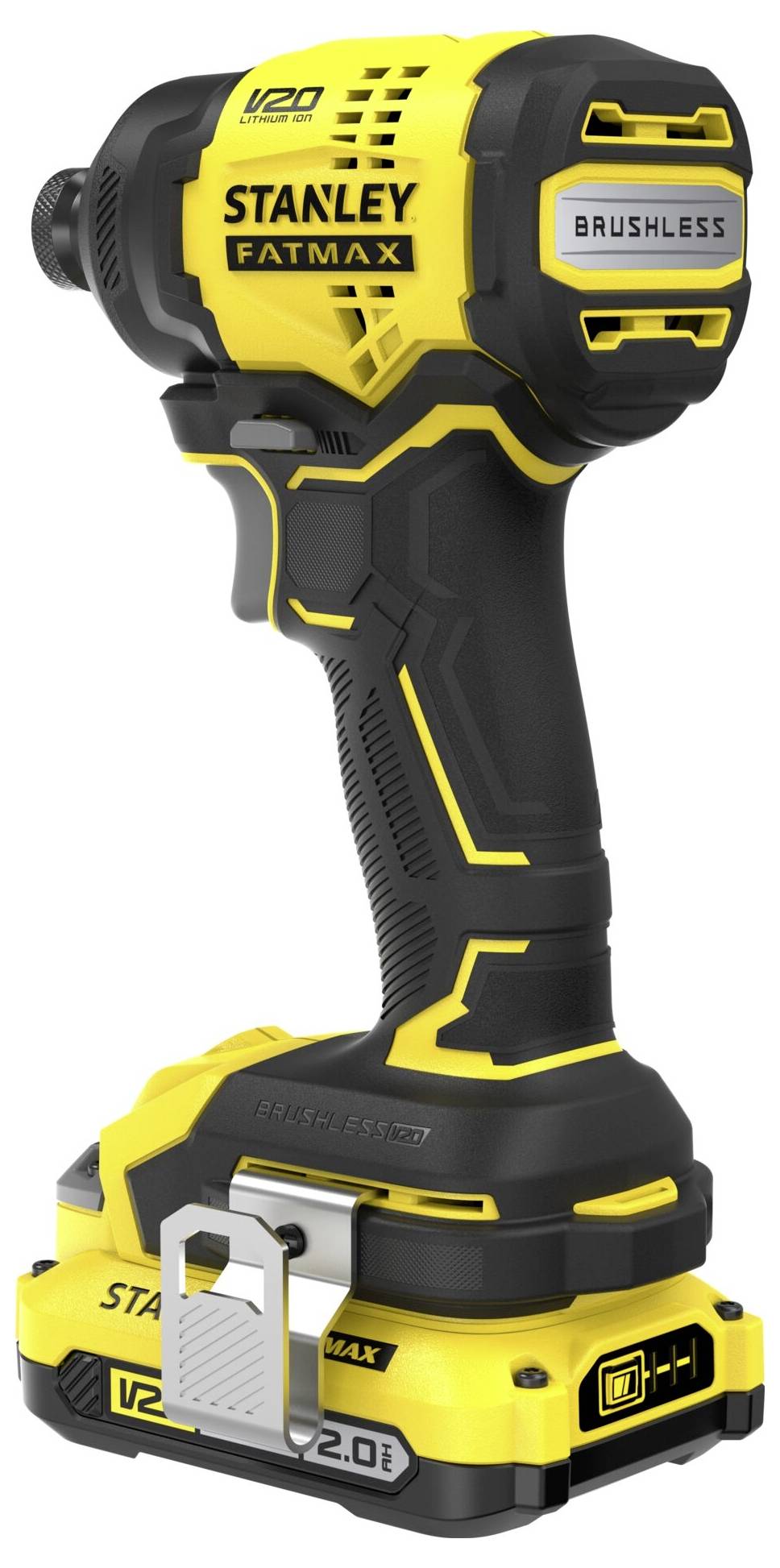 Stanley Fatmax V20 Akku-Schlagschrauber mit bürstenlosem Motor und ergonomischem Griff, mit gelbem und schwarzem Design, geeignet für effiziente Bohrarbeiten.