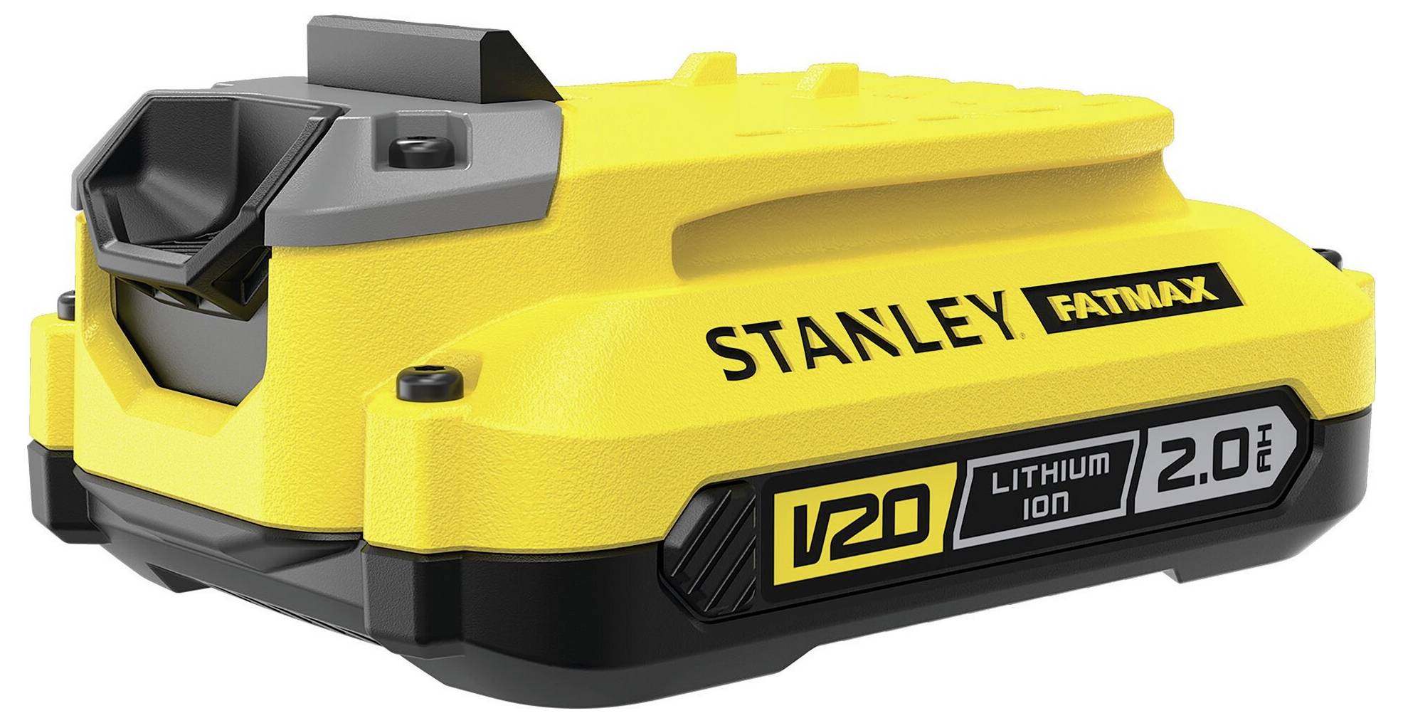 Ein gelb-schwarzes Stanley Fatmax V20 Lithium-Ionen-Akkupack, gekennzeichnet mit 2,0Ah, entwickelt für Elektrowerkzeuge.