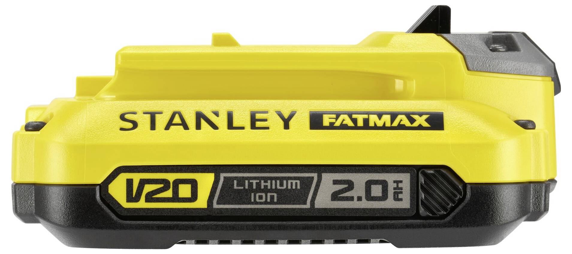 Ein gelb-schwarzes Stanley FATMAX V20 Lithium-Ionen-Akkupack mit 2,0 Ah.