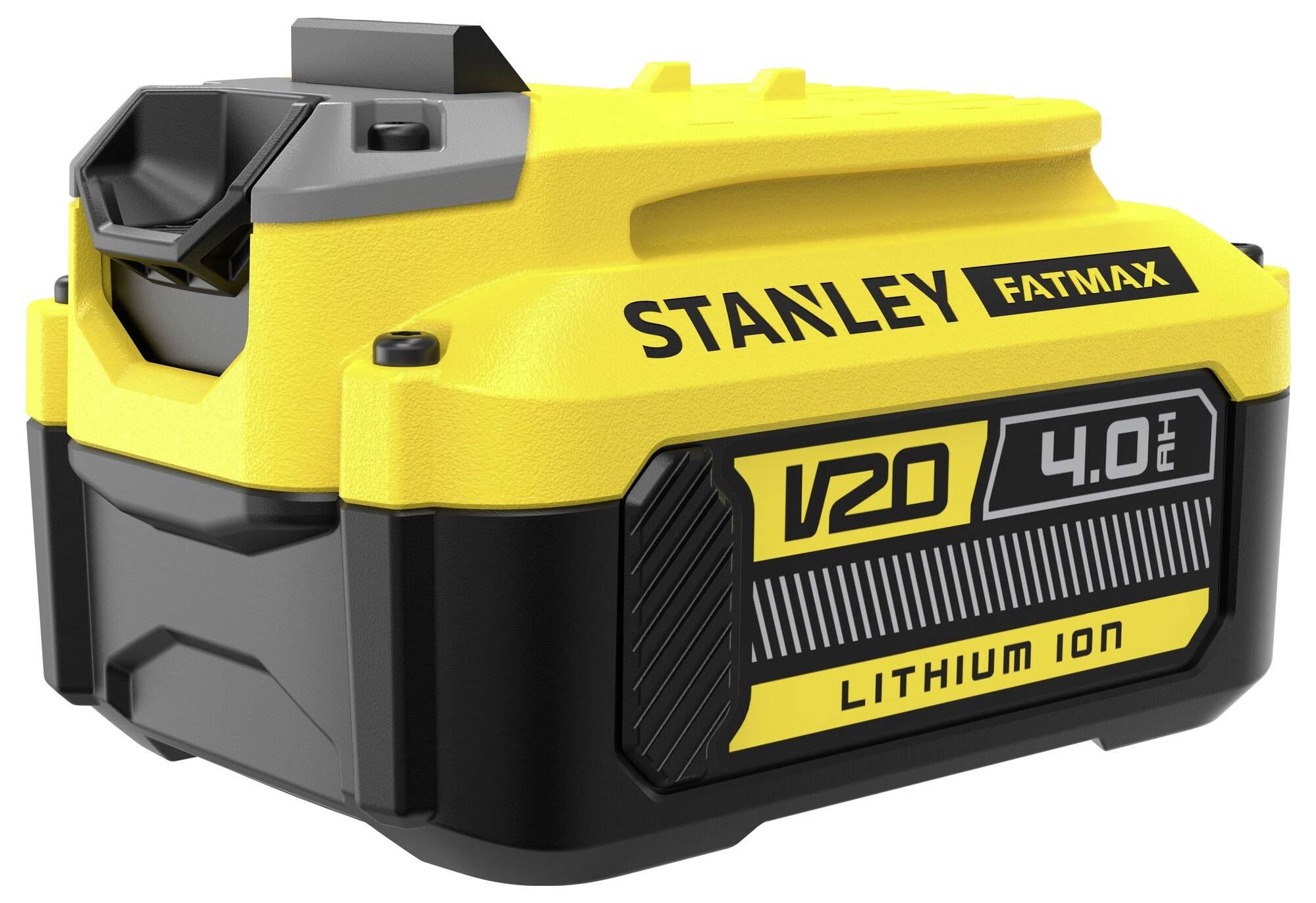 Eine gelb-schwarze Stanley Fatmax V20 Lithium-Ionen-Batterie mit einer Kapazität von 4,0 Ah, mit robustem Design, das sich für Elektrowerkzeuge eignet.