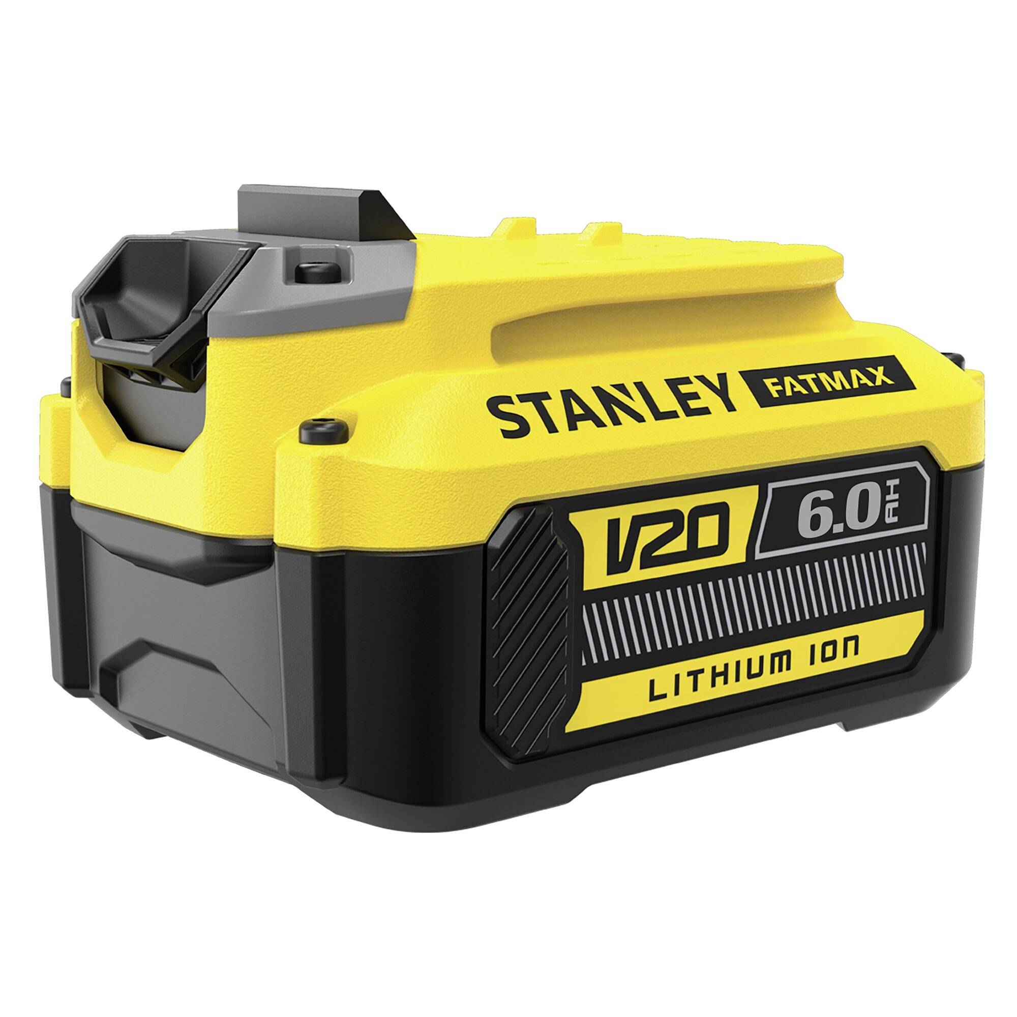 Ein gelb-schwarzes Stanley FATMAX V20 Lithium-Ionen 6,0-Ah-Akkupack in Schrägansicht mit Markenbezeichnung und Spezifikationen.