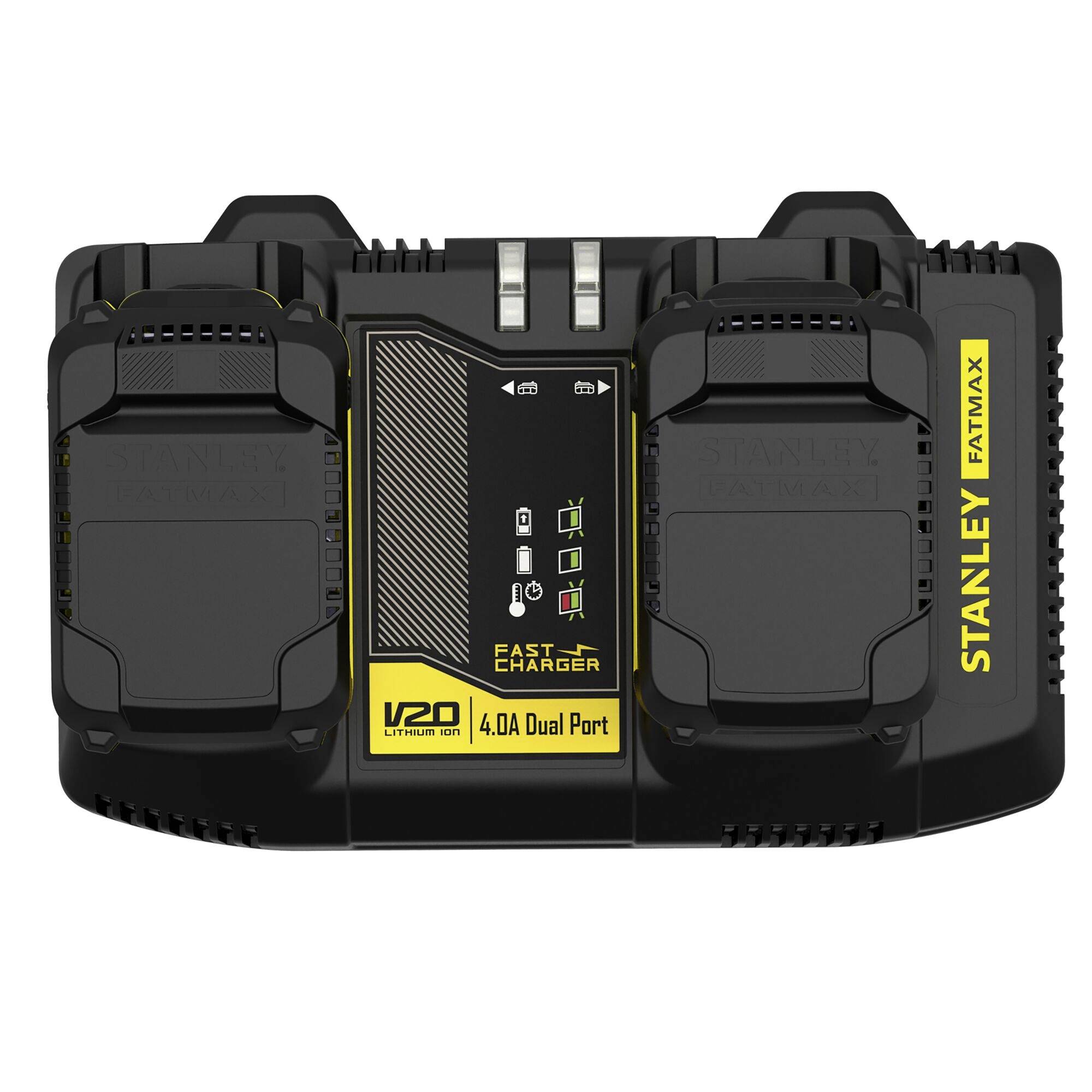 Stanley Fatmax Dual-Port-Schnellladegerät für V20 Lithium-Ionen-Batterien mit LED-Anzeigen für den Ladestatus.