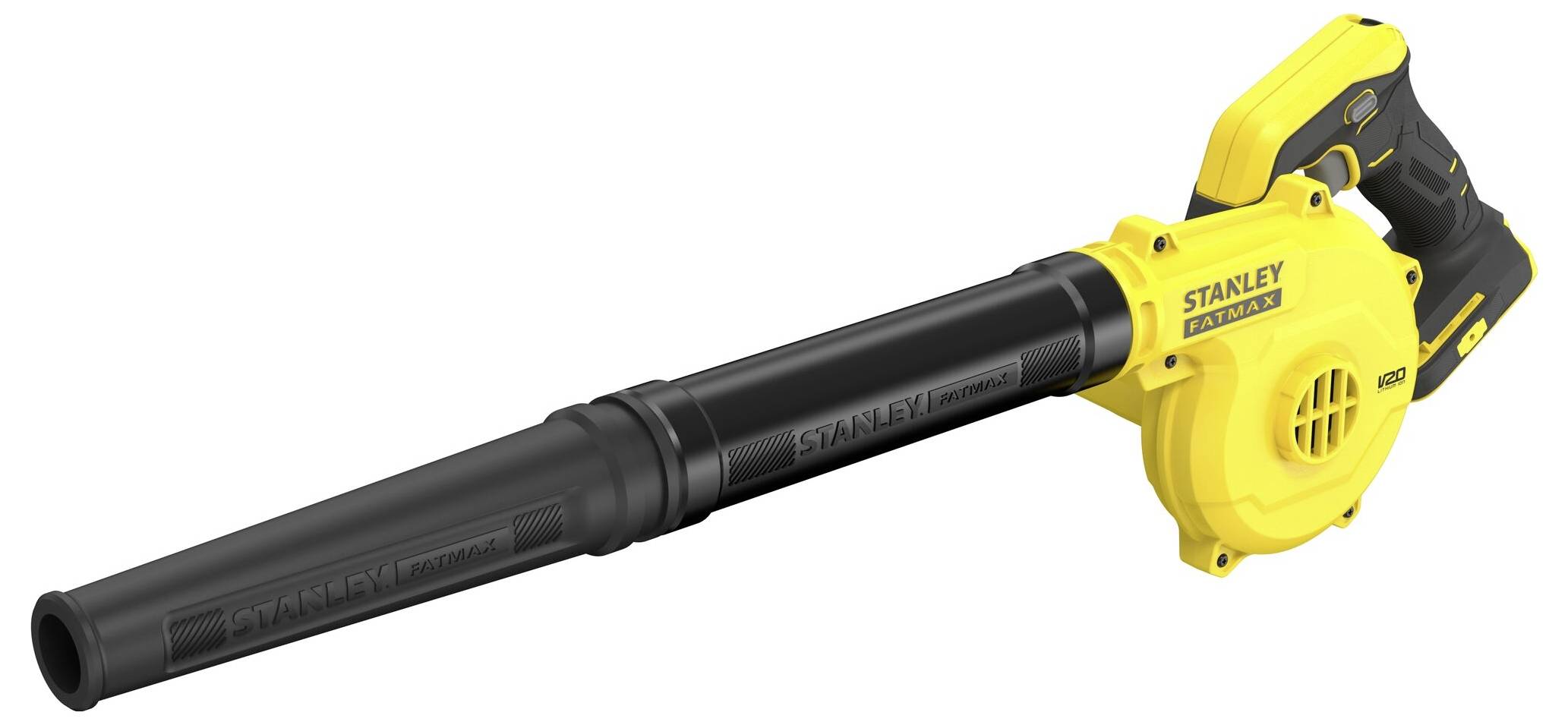Ein gelb-schwarzes tragbares Laubgebläse von Stanley mit einer langen Düse, das für Außenreinigungsaufgaben konzipiert ist.