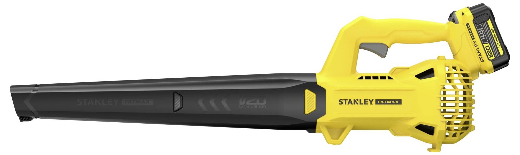 Gelber und schwarzer schnurloser Laubgebläse von Stanley. Batteriepack oben befestigt. Lange schwarze Düse zum Lenken des Luftstroms.