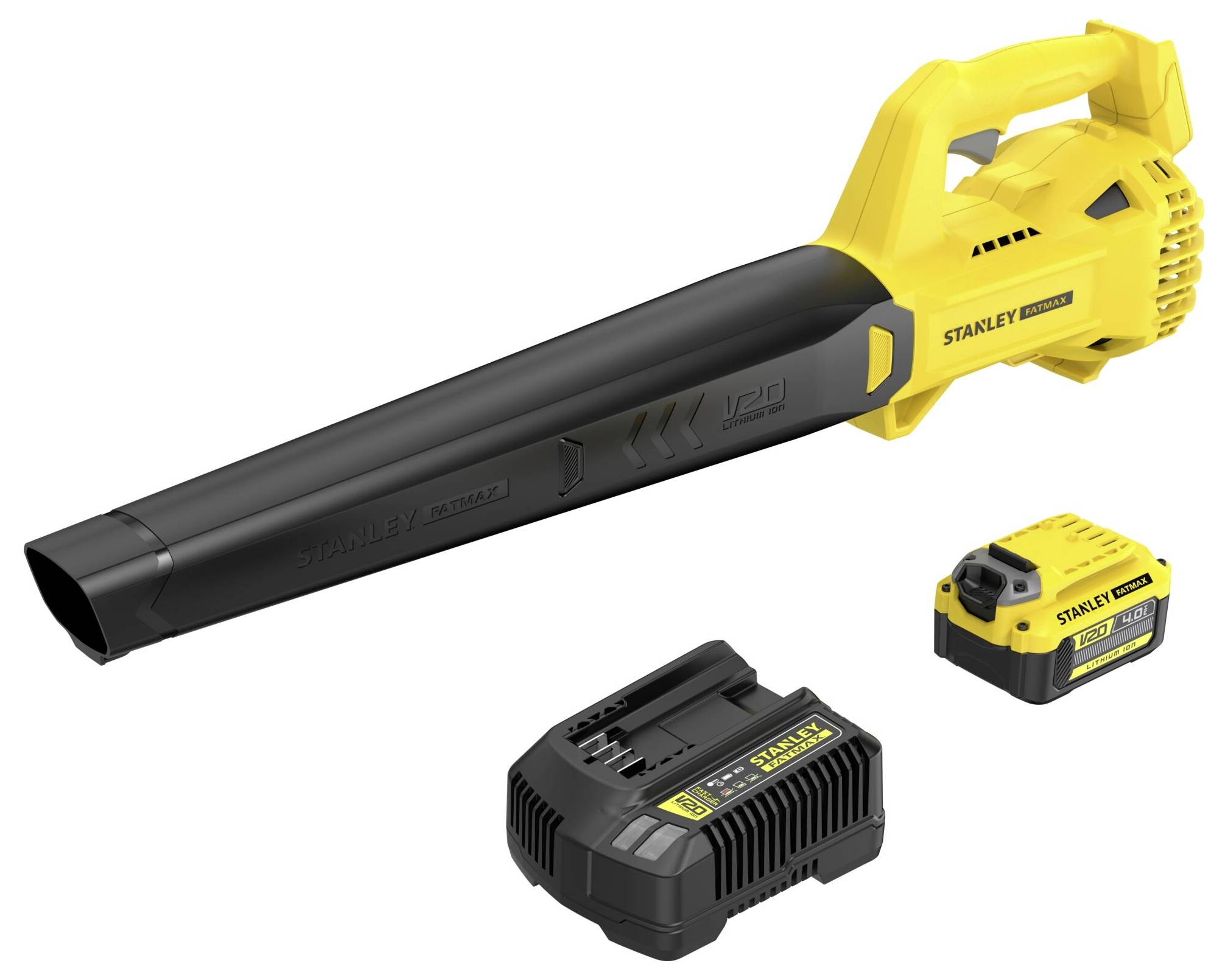 Ein gelbes und schwarzes 8-Meter-Stahllineal mit ausgefahrener Metallspitze, Marke 'Stanley FatMax' mit Etikett 'Made in France'.