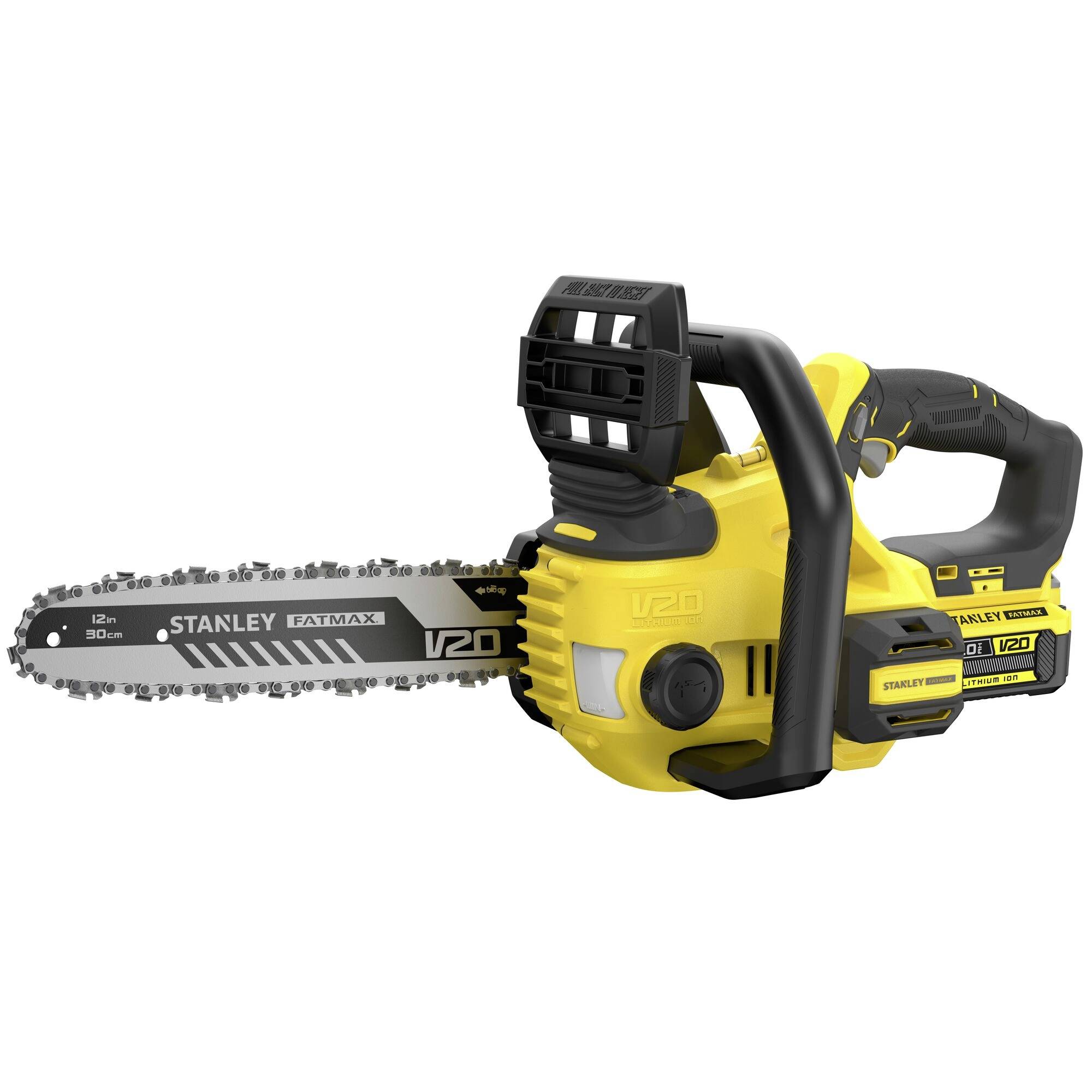 Eine gelb-schwarze elektrische Kettensäge mit der Bezeichnung „Stanley FatMax V20