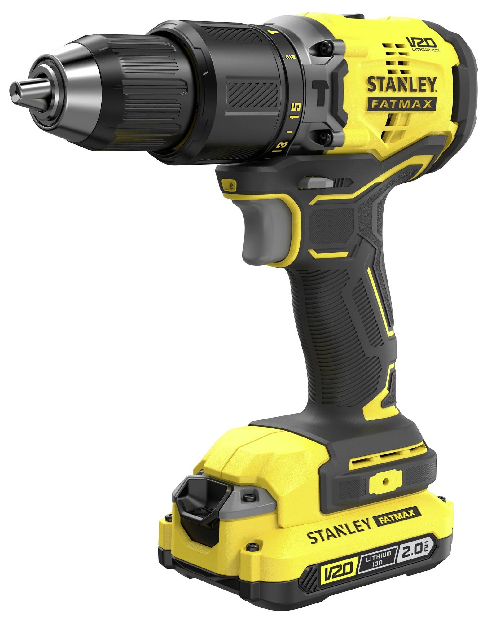 Ein gelb-schwarzer kabelloser Bohrer mit der Aufschrift „Stanley Fatmax V20 Lithium 2.0Ah