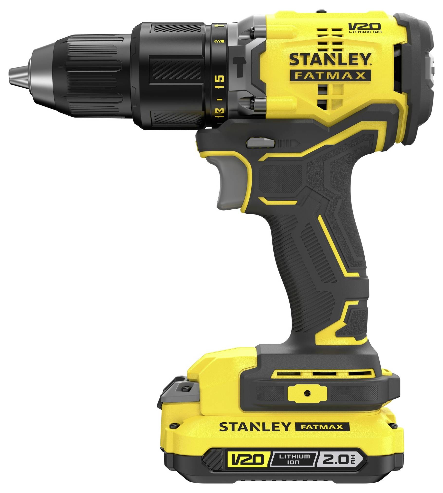 Ein gelb-schwarzer kabelloses Bohrgerät mit der Bezeichnung „Stanley Fatmax V20