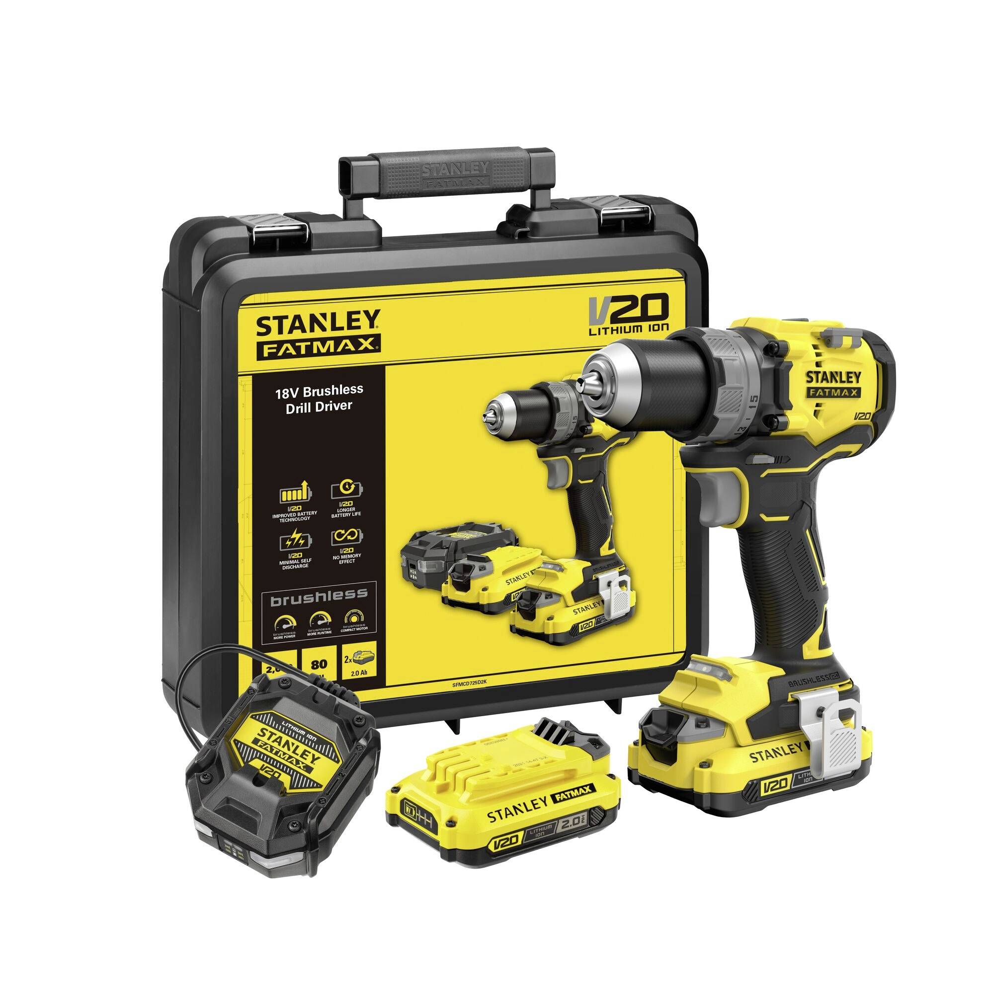 Gelb-schwarzer Stanley Fatmax V20 bürstenloser Bohrmaschinen-Set mit Koffer, Batterie und Ladegerät. 18V Lithium-Ionen-Elektrowerkzeug dargestellt.