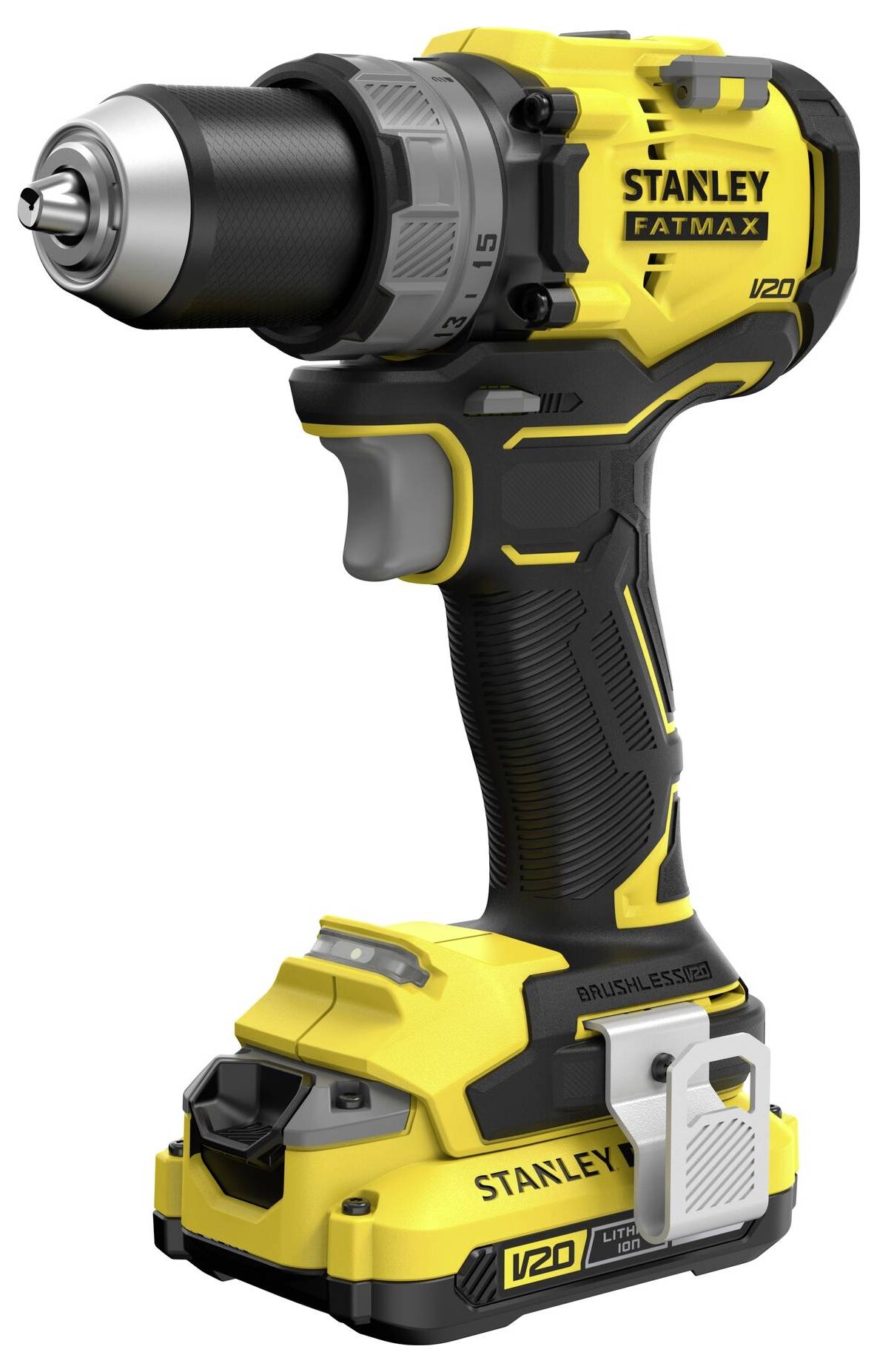 Stanley Fatmax V20 Akku-Bohrmaschine in der Seitenansicht mit ergonomischem Griff, gelb-schwarzem Farbschema und Etikett für bürstenlosen Motor.
