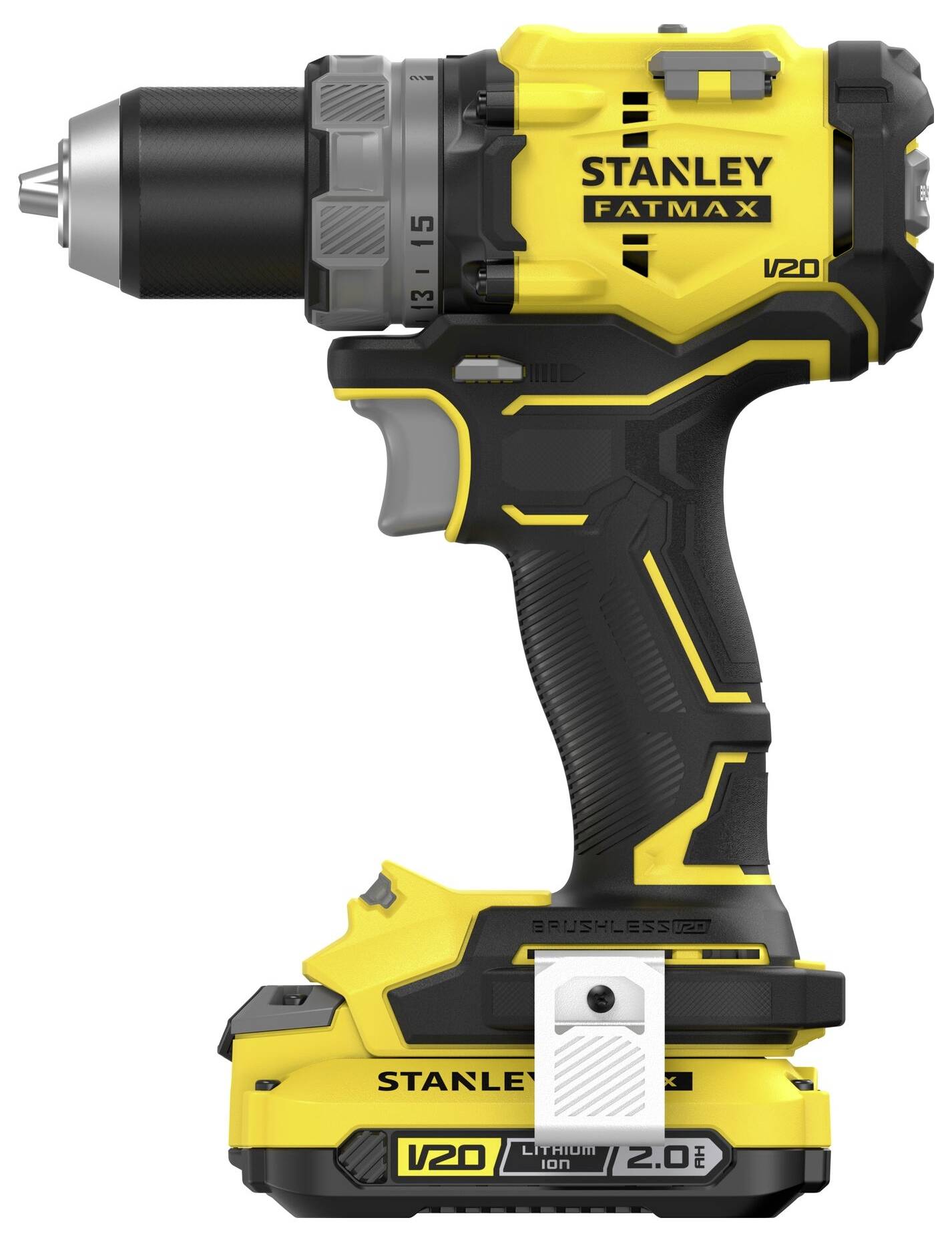 Ein gelb-schwarzes Stanley Fatmax Laubgebläse mit angebrachtem Akku, konstruiert für Außengarten-Reinigungsaufgaben.