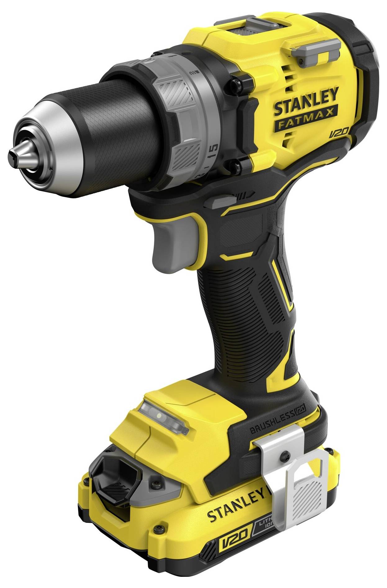 Ein gelb-schwarzer Akku-Bohrschrauber mit der Bezeichnung 'Stanley Fatmax V20'. Der Bohrschrauber verfügt über einen ergonomischen Griff und ein schlüsselloses Bohrfutter für einfache Auswechslung der Bits.