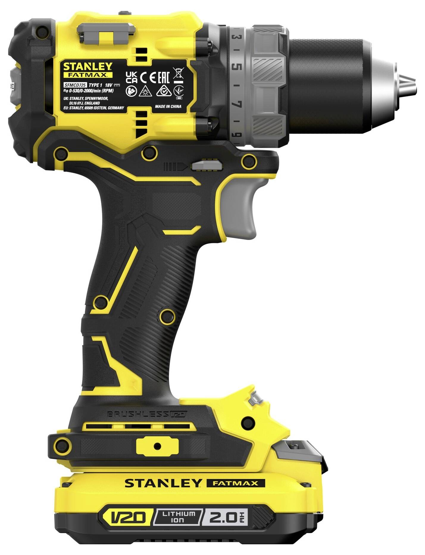 Ein gelber und schwarzer kabelloser Stanley Fatmax Elektroschrauber mit Lithium-Ionen-Akku und verstellbaren Einstellungen.