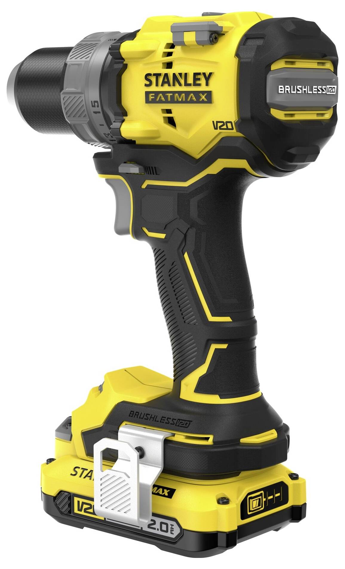 Ein gelber und schwarzer kabelloser Elektroschrauber mit bürstenlosem Motor aus der Stanley Fatmax V20 Serie mit kompaktem Design.