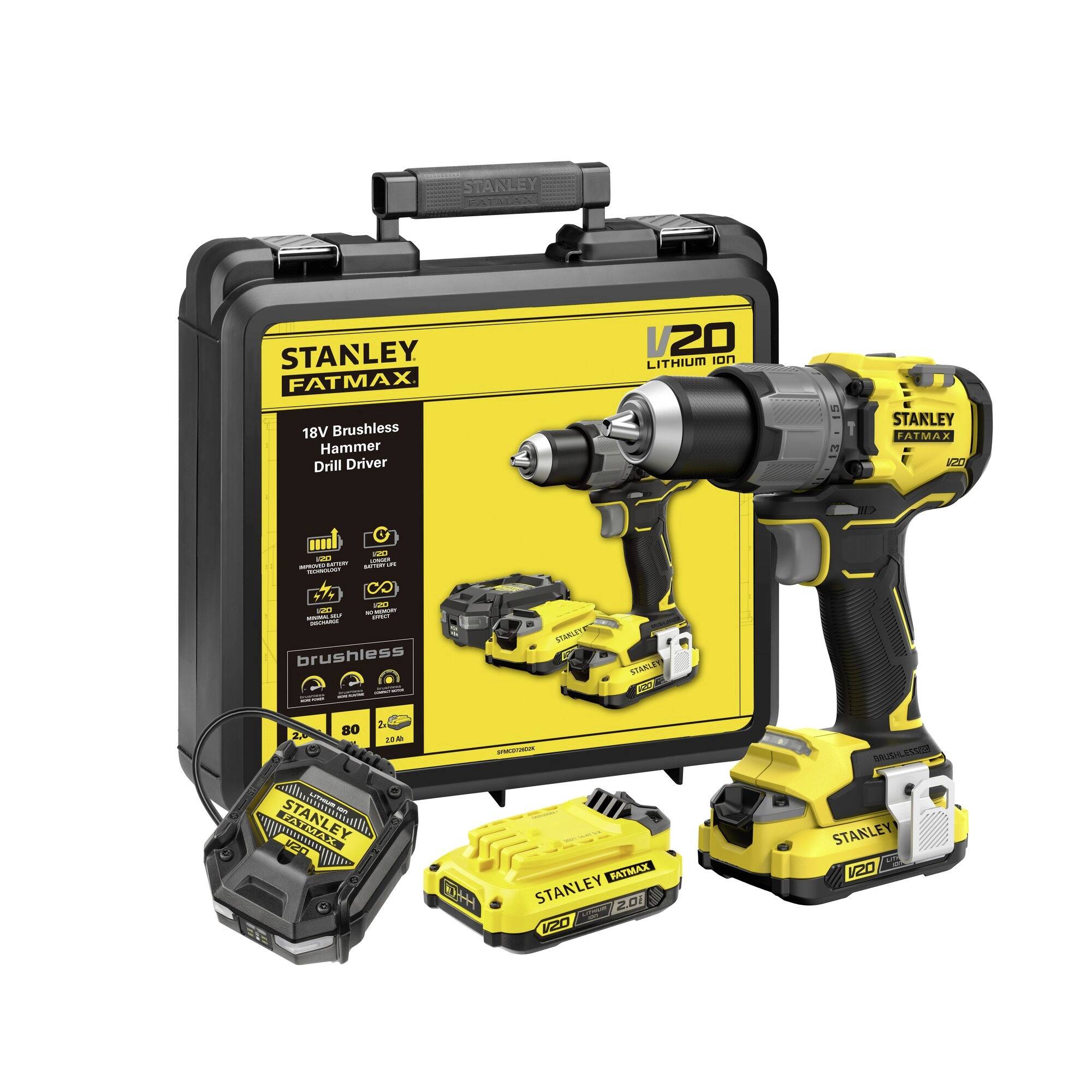 'Stanley Fatmax 18V Brushless Hammer Drill Driver' with carrying case, battery, and charger shown on a white background.