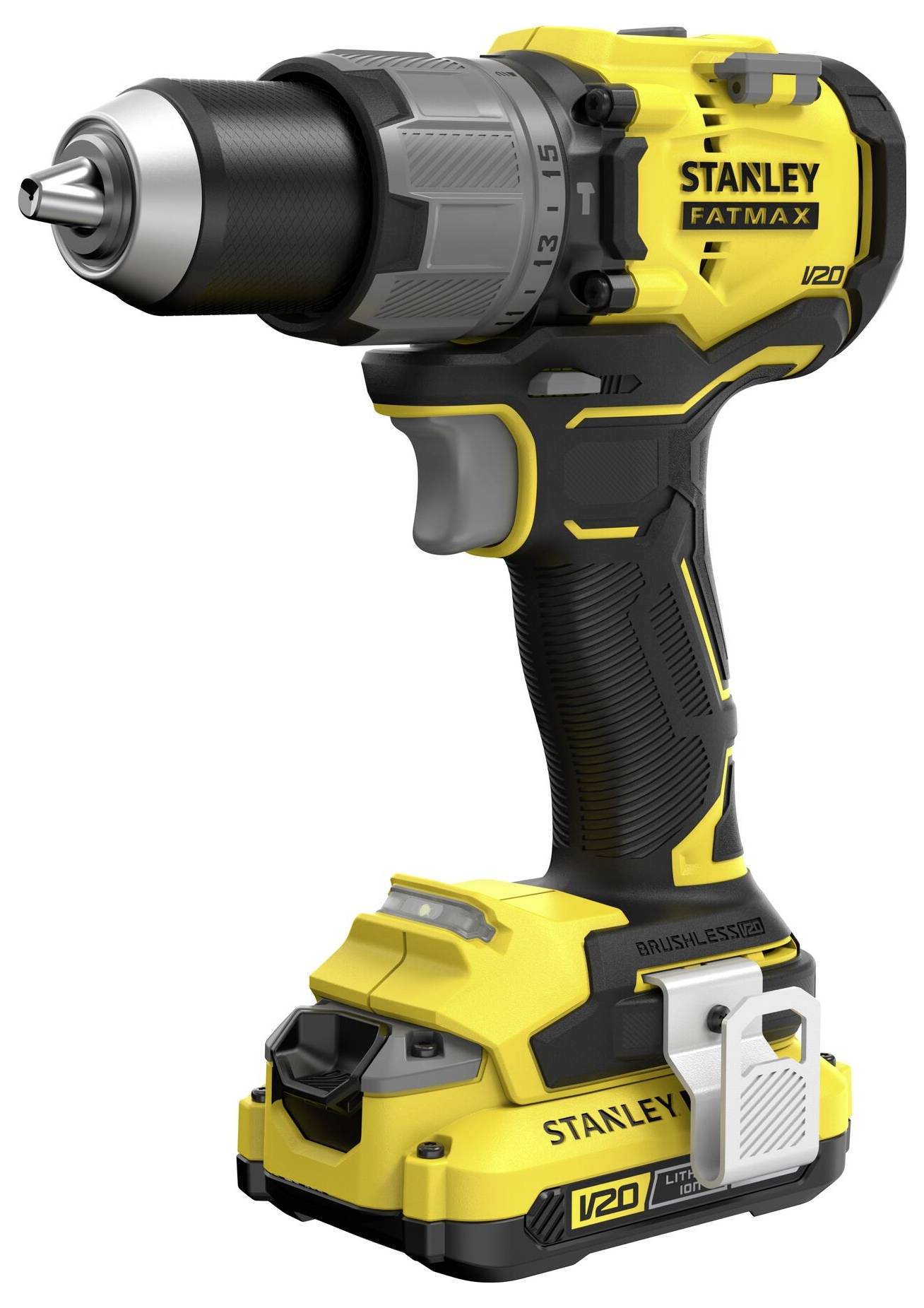 Eine gelb-schwarze kabellose Elektrobohrmaschine mit der Bezeichnung „Stanley FatMax V20