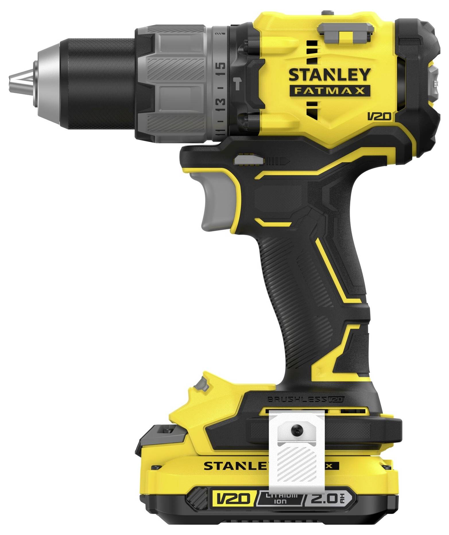 Ein gelb-schwarzer kabelloser Elektroschrauber mit der Aufschrift „Stanley Fatmax V20