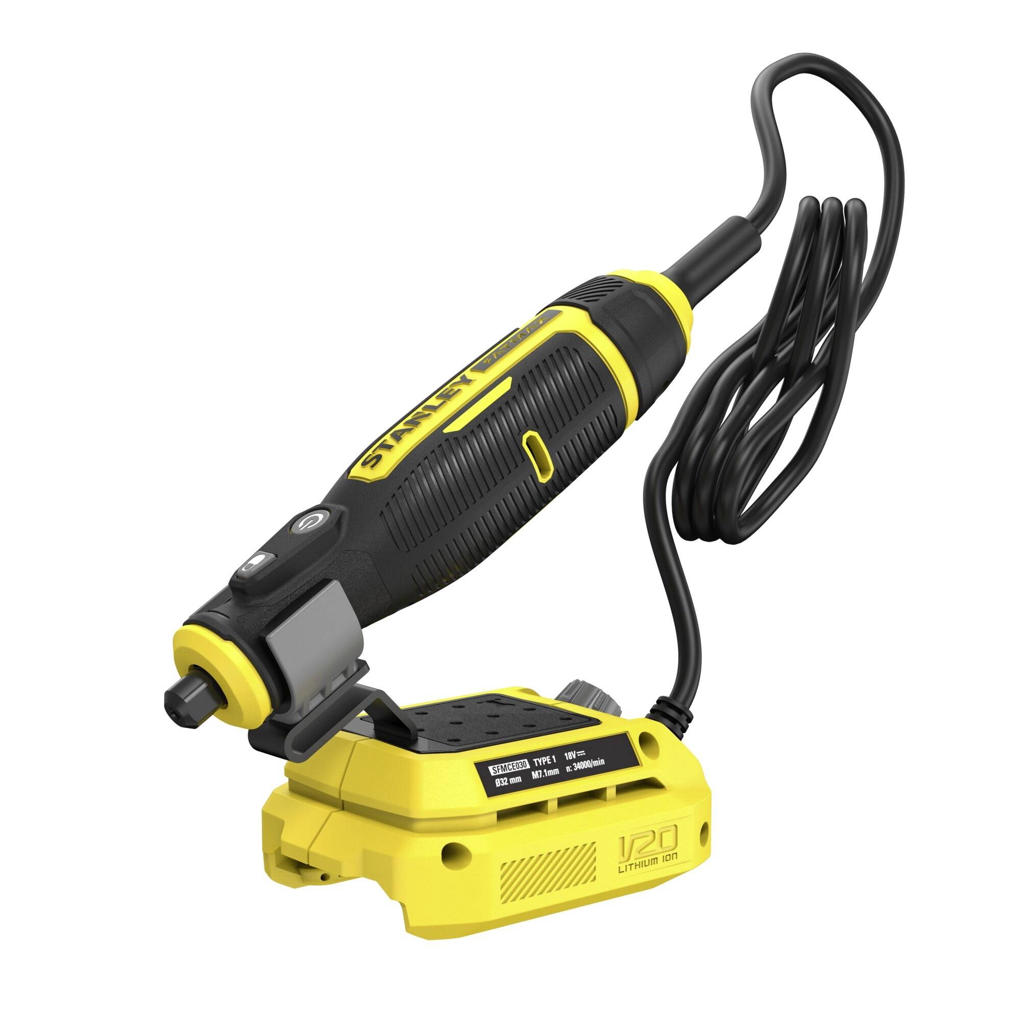 Ein gelbes und schwarzes Elektrowerkzeug mit einer aufgerollten Schnur, die an einem gelben Akku angeschlossen ist, und zeigt ein robustes Design für die Handhabung.