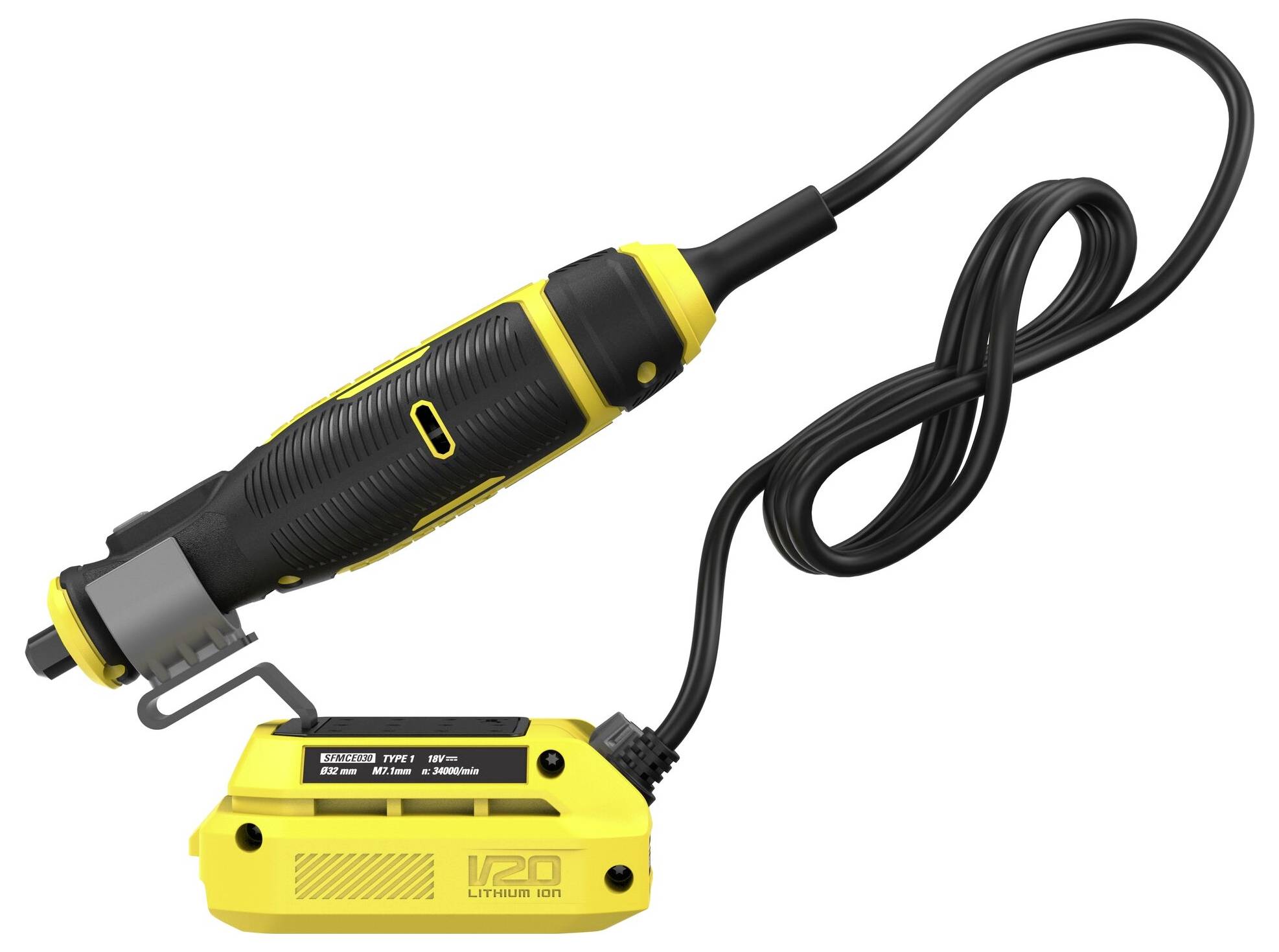 Eine behandschuhte Hand, die ein Stanley Fatmax V20 Elektrowerkzeug hält, wobei der Fokus auf dem Griff und dem Markennamen liegt und die praktische Verwendung des Werkzeugs angezeigt wird.