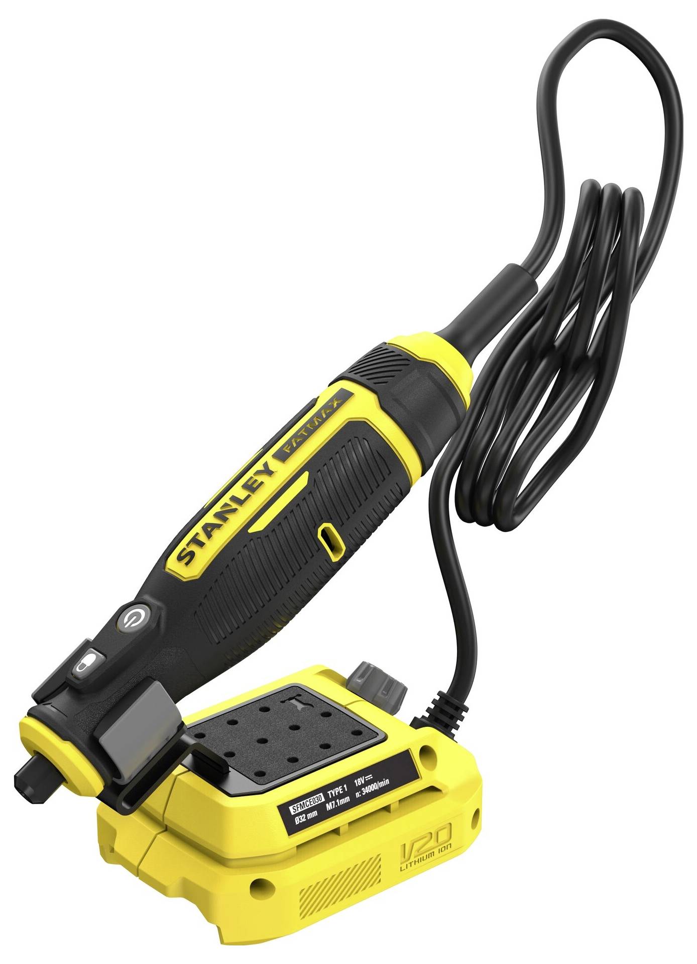 Ein schnurloses Drehwerkzeug mit gelbem und schwarzem Design, das an einer Ladestation befestigt ist und mit 