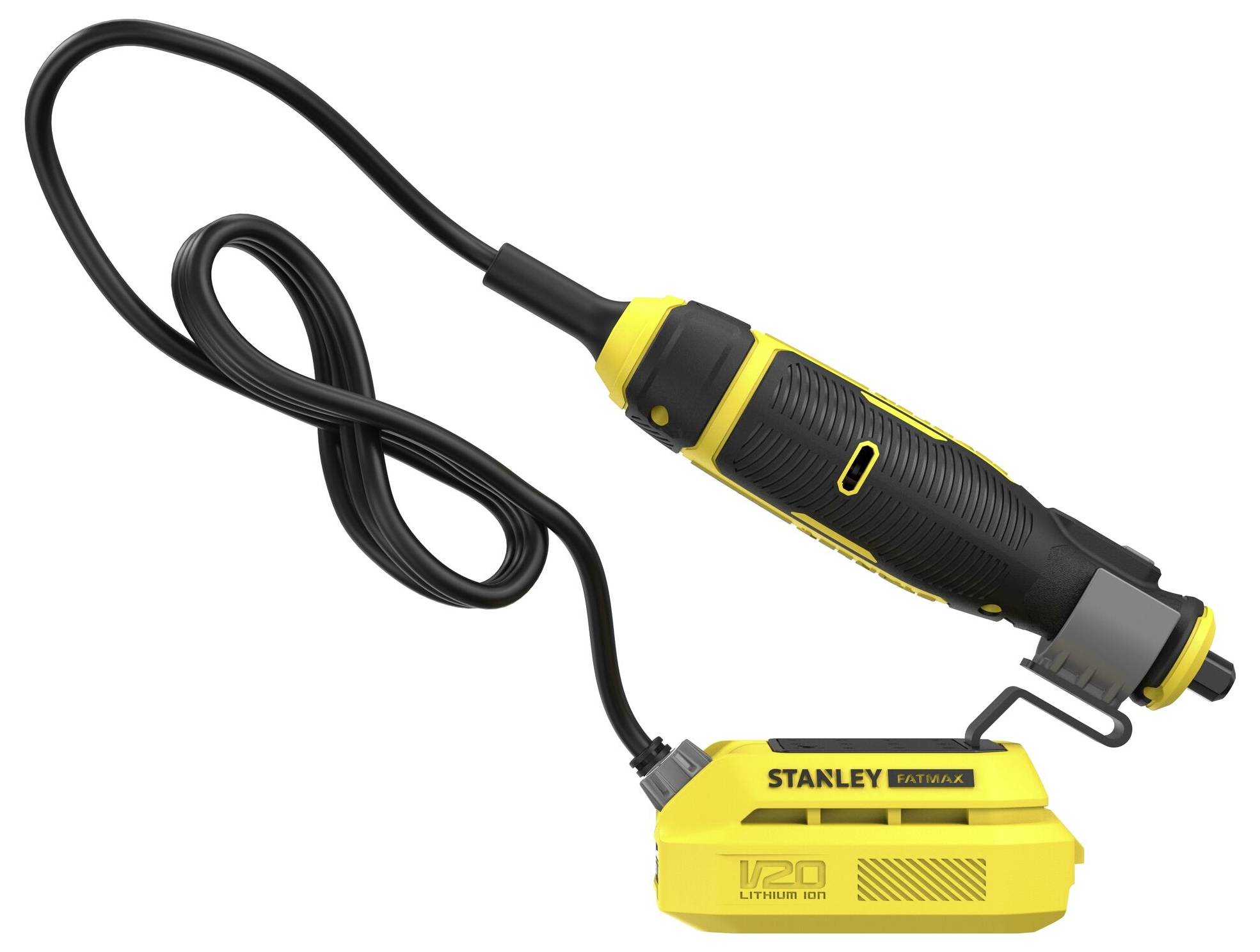 Ein gelb-schwarzes tragbares Rotationswerkzeug mit flexiblem Schaft, gekennzeichnet als „Stanley FatMax V20