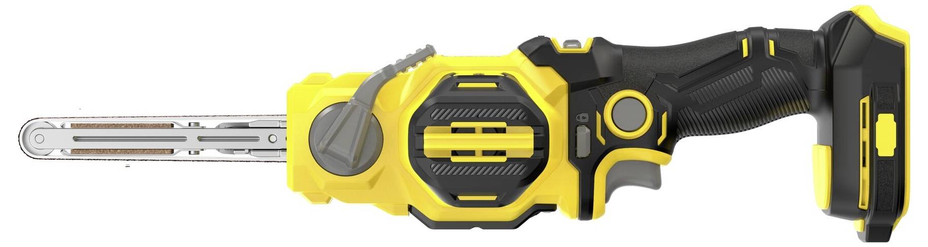 Ein gelb-schwarzes tragbares Elektrowerkzeug mit einer schlanken, länglichen Klinge, das einem tragbaren Elektrosägeblatt zum Schneiden verschiedener Materialien ähnelt.