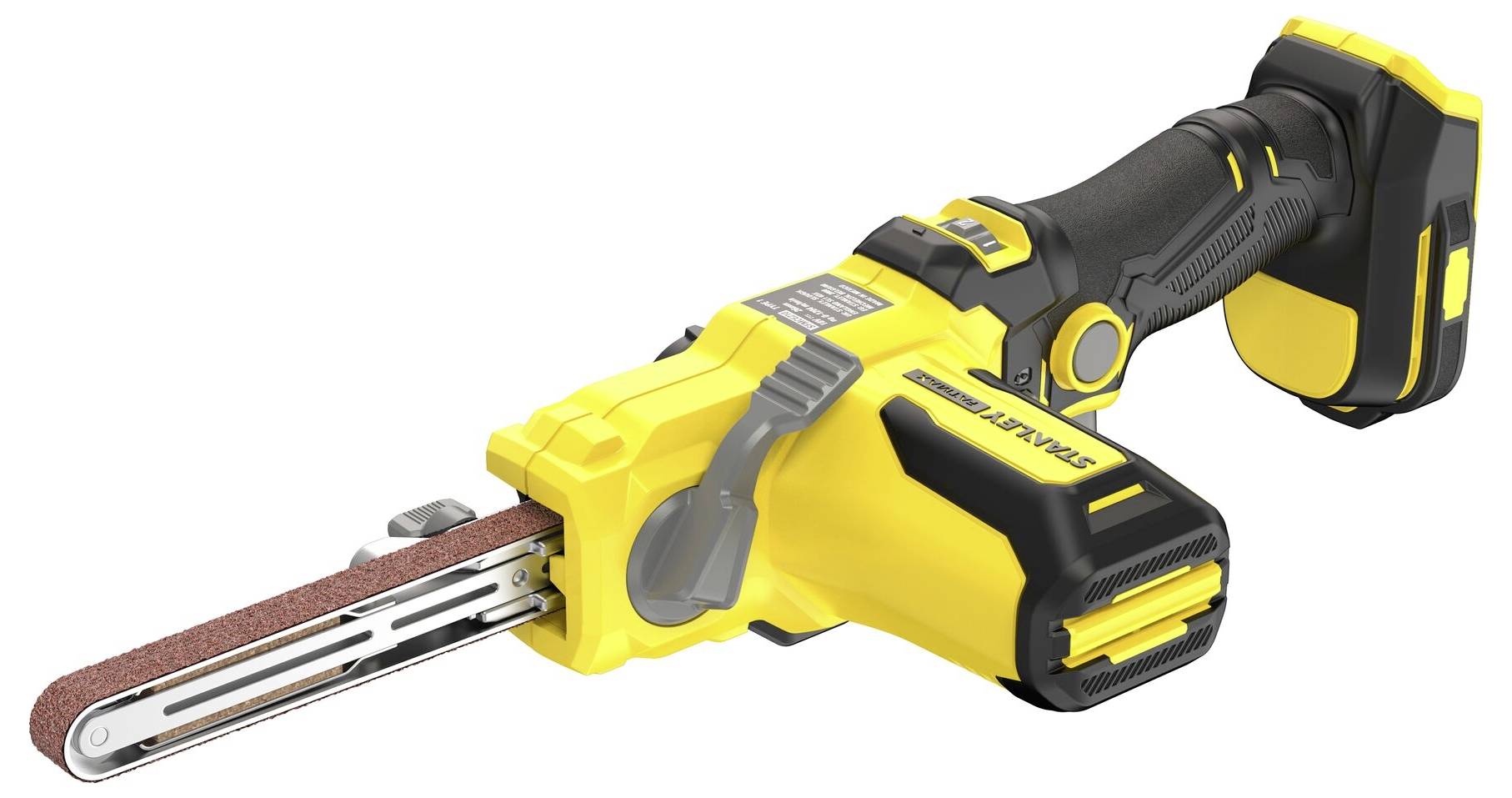 Ein gelbes und schwarzes Elektrowerkzeug mit einem schmalen Schleifband, entwickelt für präzises Schleifen in engen Räumen.