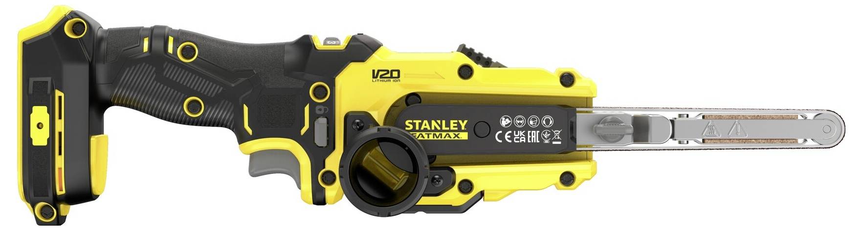 Eine Nahaufnahme einer Person, die ein gelbes und schwarzes V20-Lithium-Ionen-Elektrowerkzeug justiert, mit einer behandschuhten Hand, die einen Metallaufsatz hält.