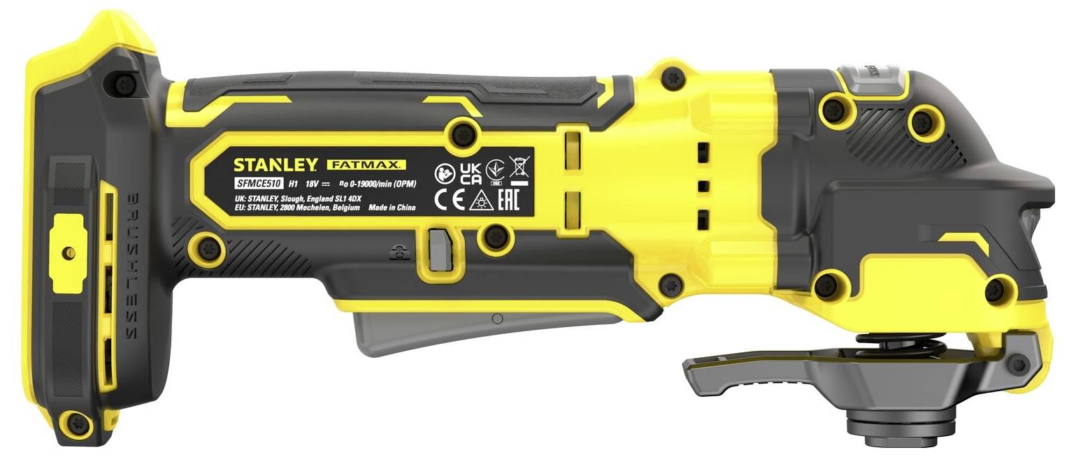 Ein gelbes und schwarzes kabelloses Elektrowerkzeug mit einem flachen oszillierenden Blatt, das zum Schneiden und Schleifen in verschiedenen Materialien entwickelt wurde.