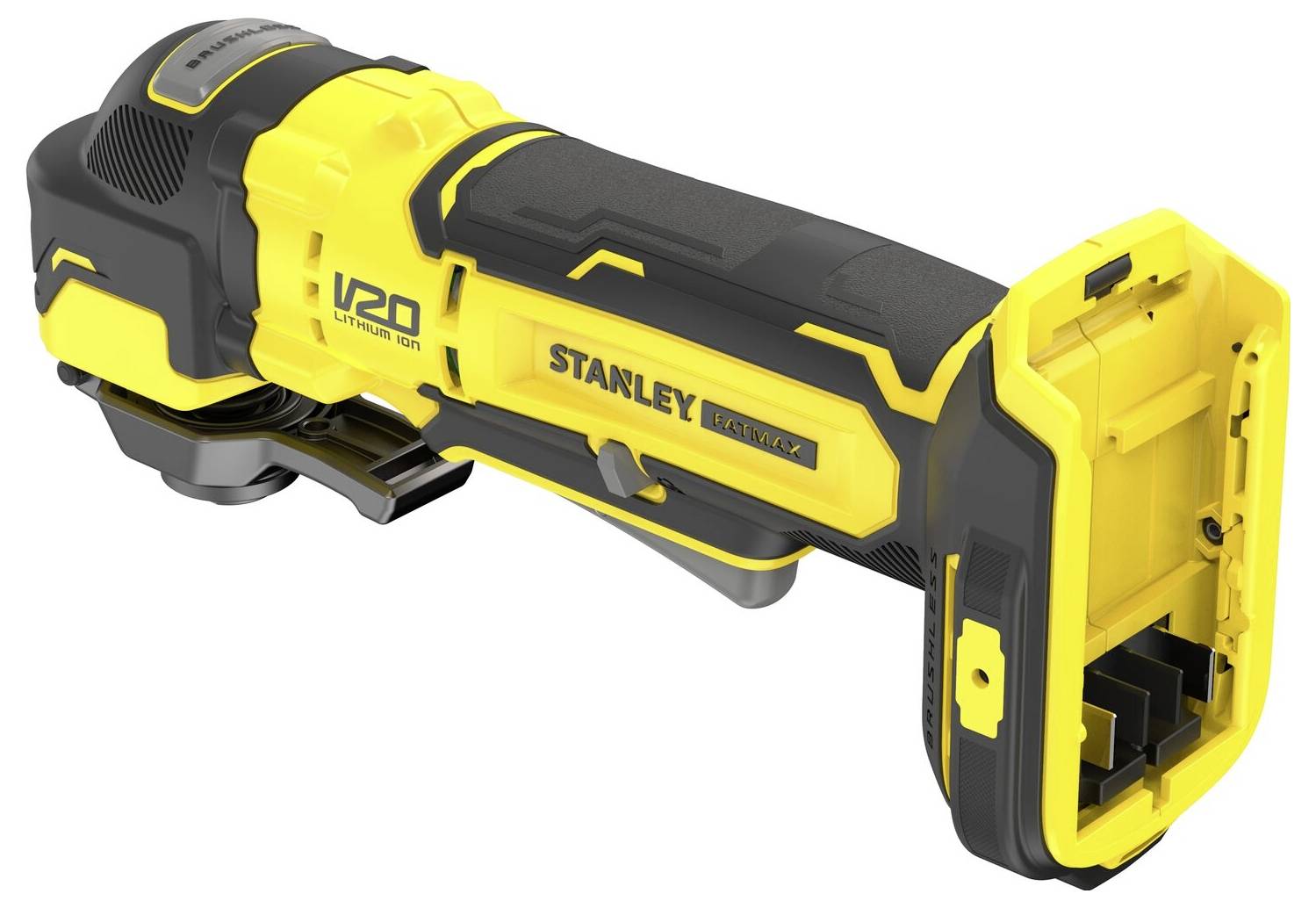 Ein gelb-schwarzer Stanley kabelloses Winkelschleifer mit der Aufschrift 