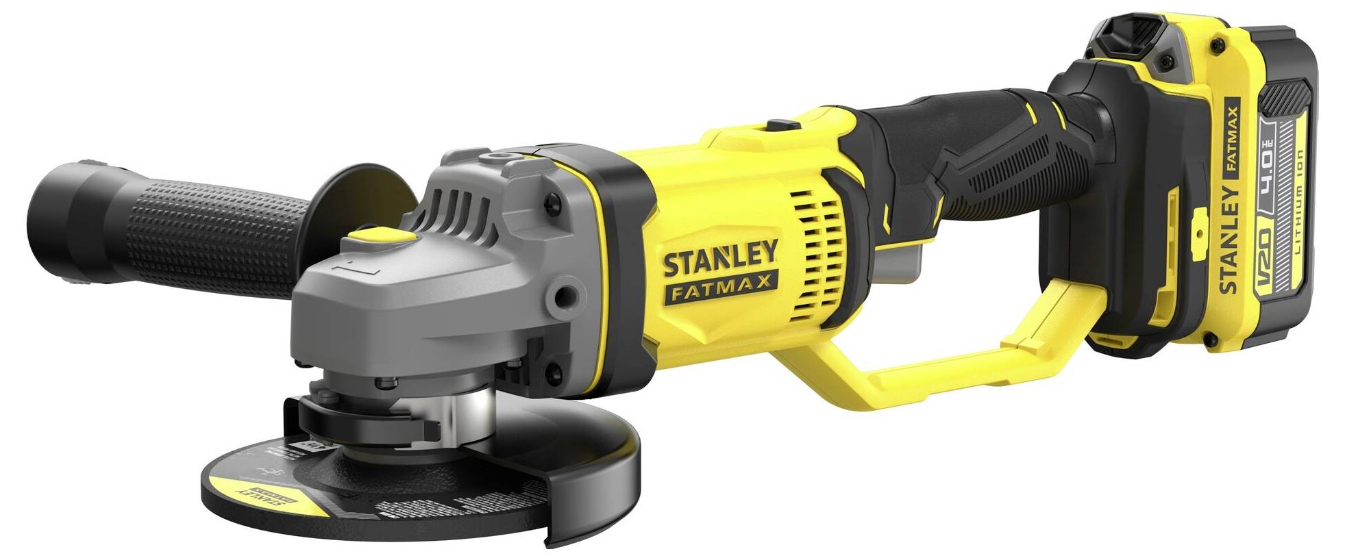 Ein gelb-schwarzer Stanley Fatmax kabelloses Winkelschleifer, der Seitengriff, Schleiftellerschutz und Akku zeigt, positioniert auf weißem Hintergrund.