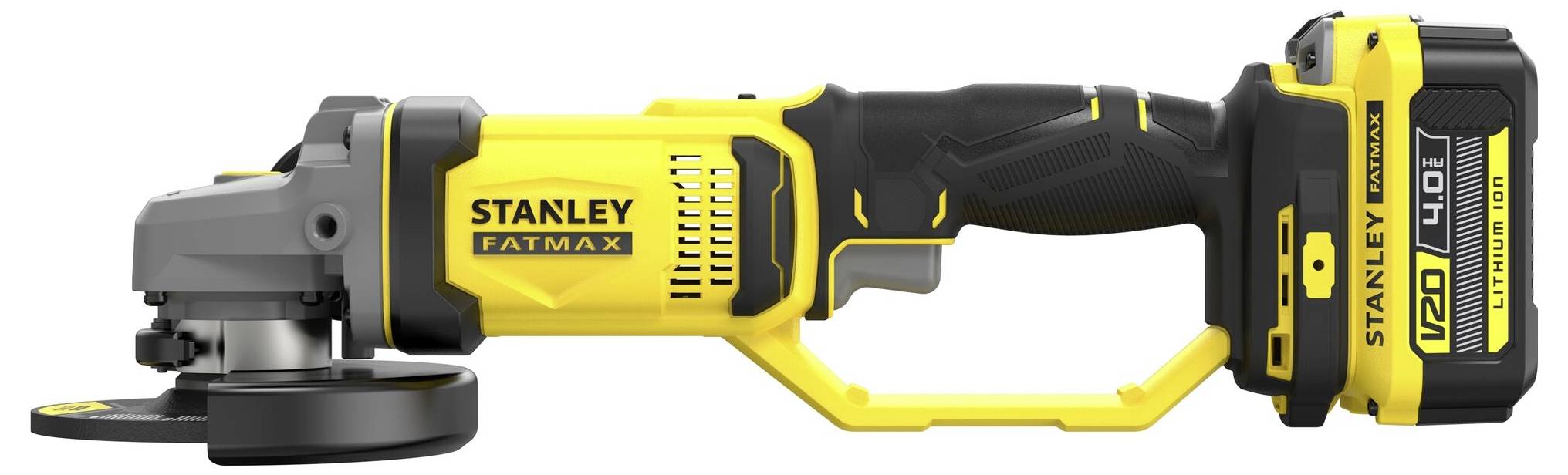 Ein schnurloses Winkelschleifergerät in Gelb und Schwarz mit der Bezeichnung „Stanley Fatmax