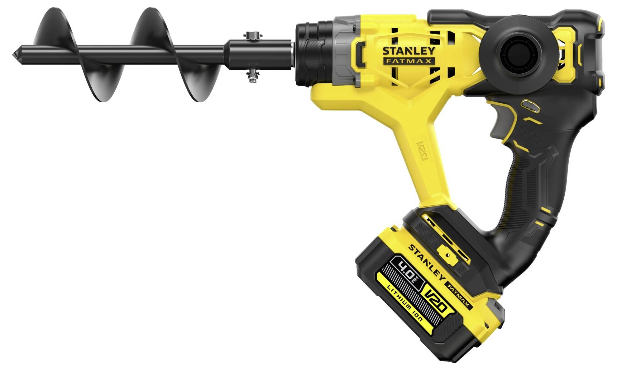 Ein gelb-schwarzer Akku-Bohrer mit angebautem Schneckenbohrer, beschriftet mit „Stanley Fatmax V20