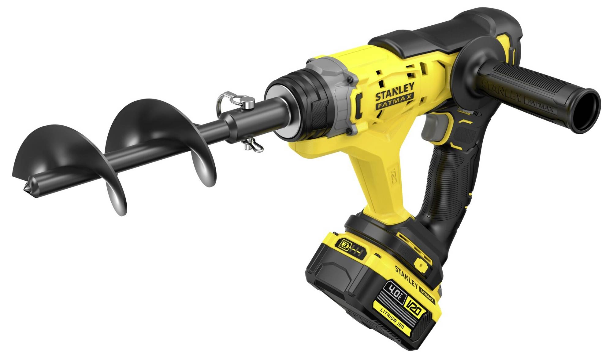 Ein gelb-schwarzer kabelloser Elektroschrauber mit einem großen Schneckenaufsatz, der für schwere Bohrarbeiten konzipiert ist.
