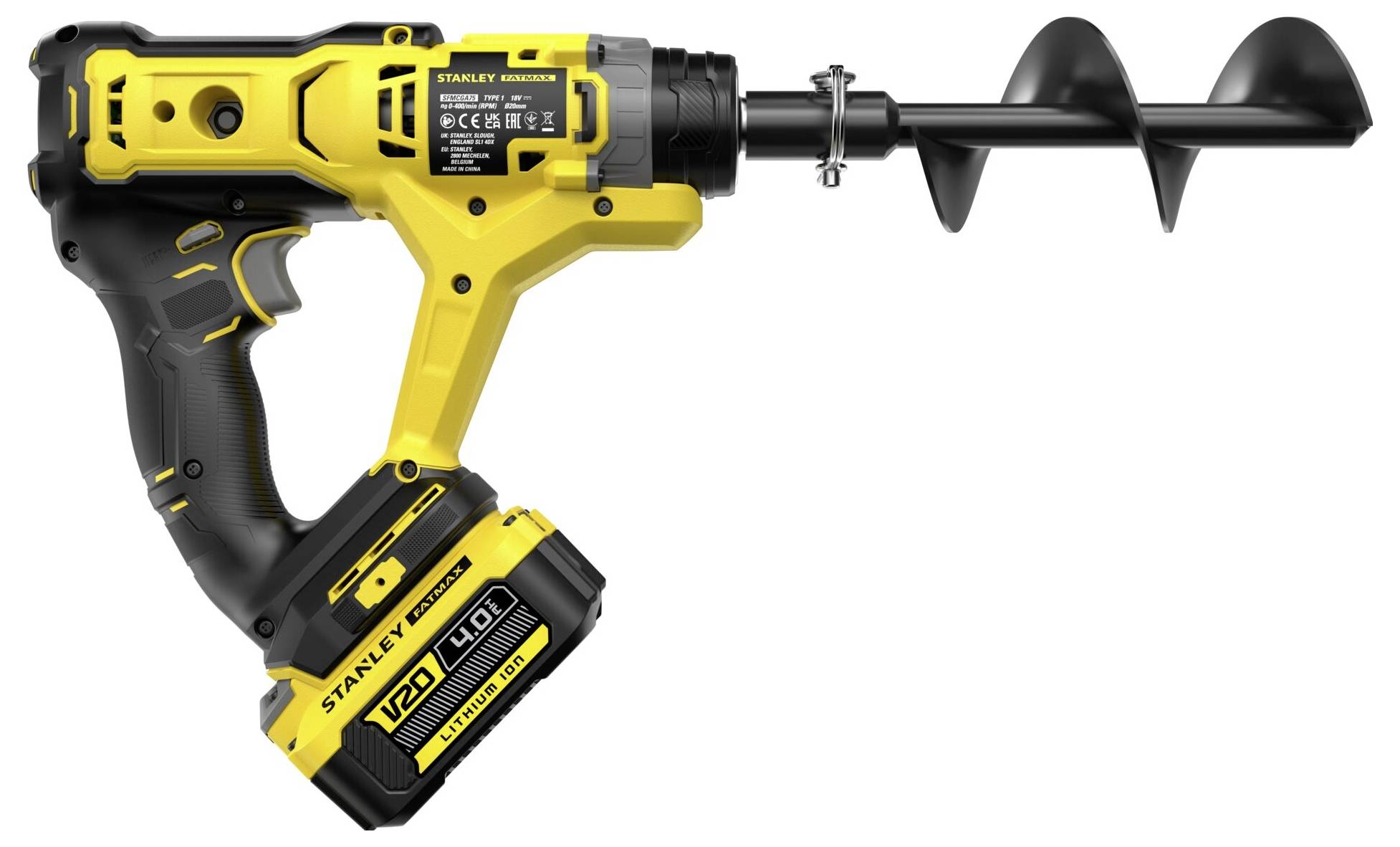 Ein gelber und schwarzer kabelloses elektrisches Bohrgerät mit einem spiralförmigen Schneckenbohrer, geeignet zum Bohren von Löchern in Material.