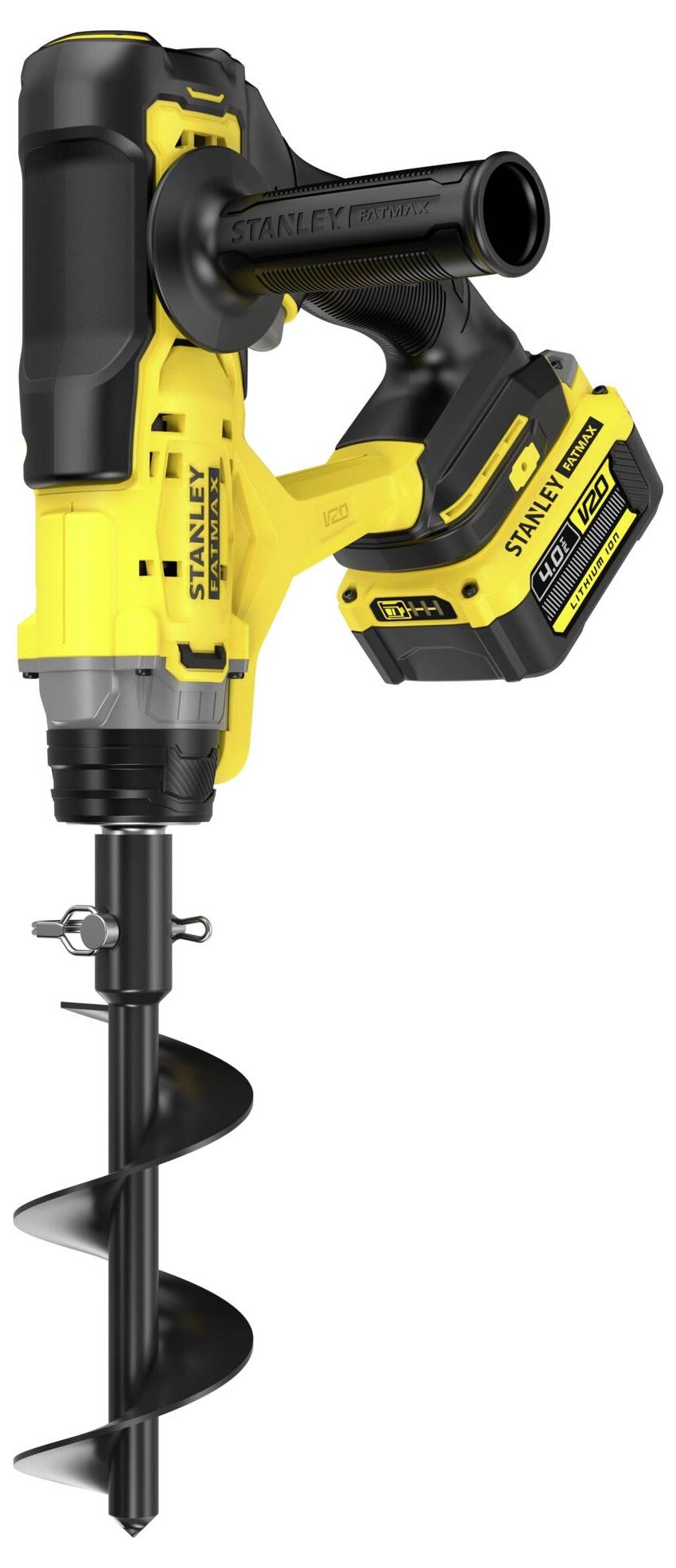 Ein gelb-schwarzer kabelloses Bohrgerät mit angebrachtem Schneckenbohre, das für schwere Bohraufgaben konzipiert ist.