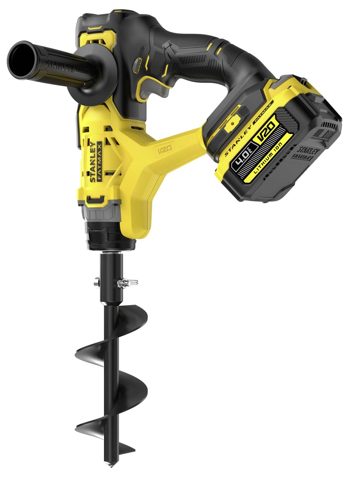 Ein gelb-schwarzer tragbarer Elektrobohrer mit angebrachtem Akkupack, ausgestattet mit einem spiralförmigen Bohrer am unteren Ende.