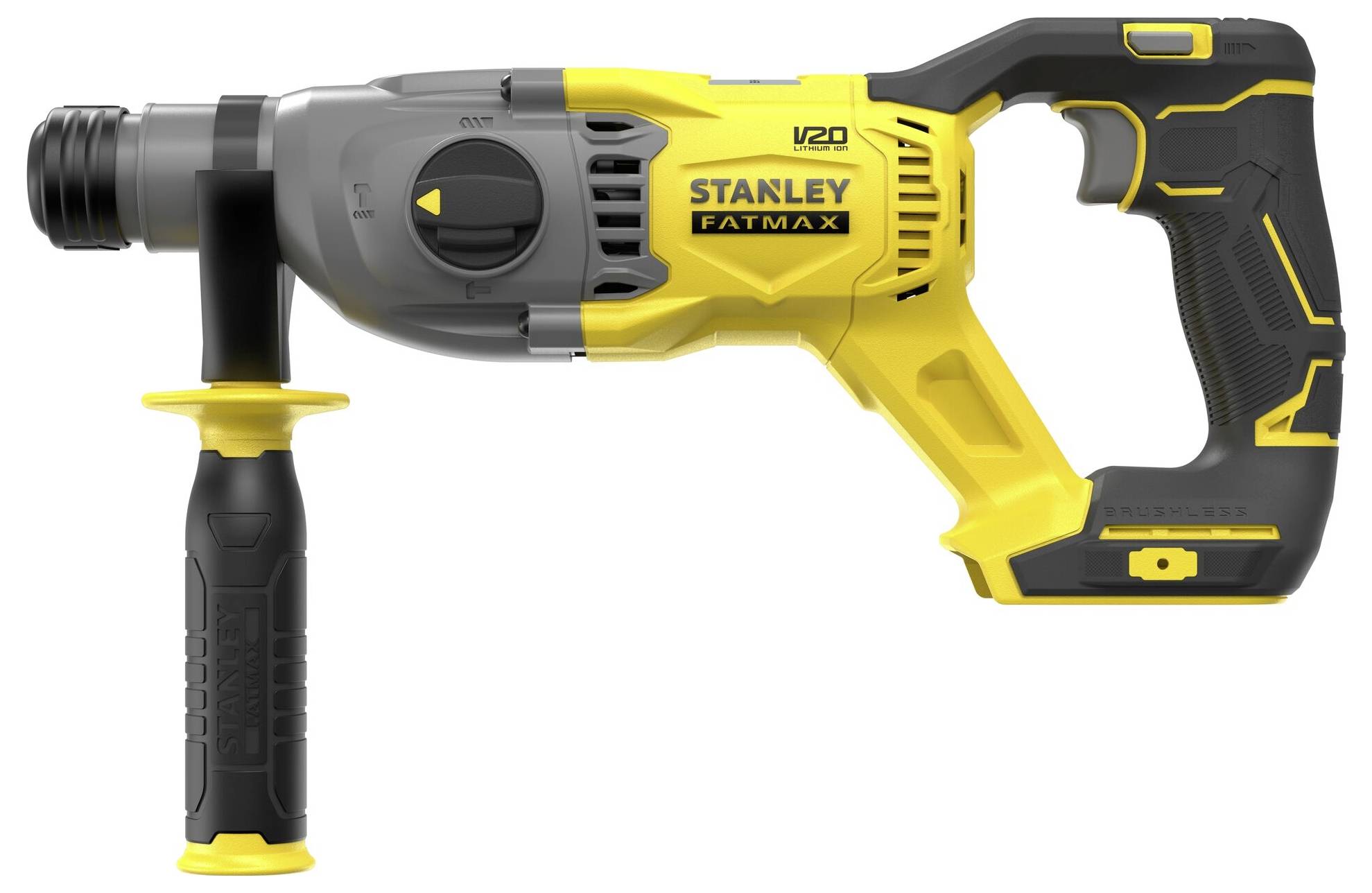 Ein gelb-schwarzer Stanley FatMax V20 Bohrhammer mit Seitenschiff, konzipiert für schwere Bohr- und Abbrucharbeiten.