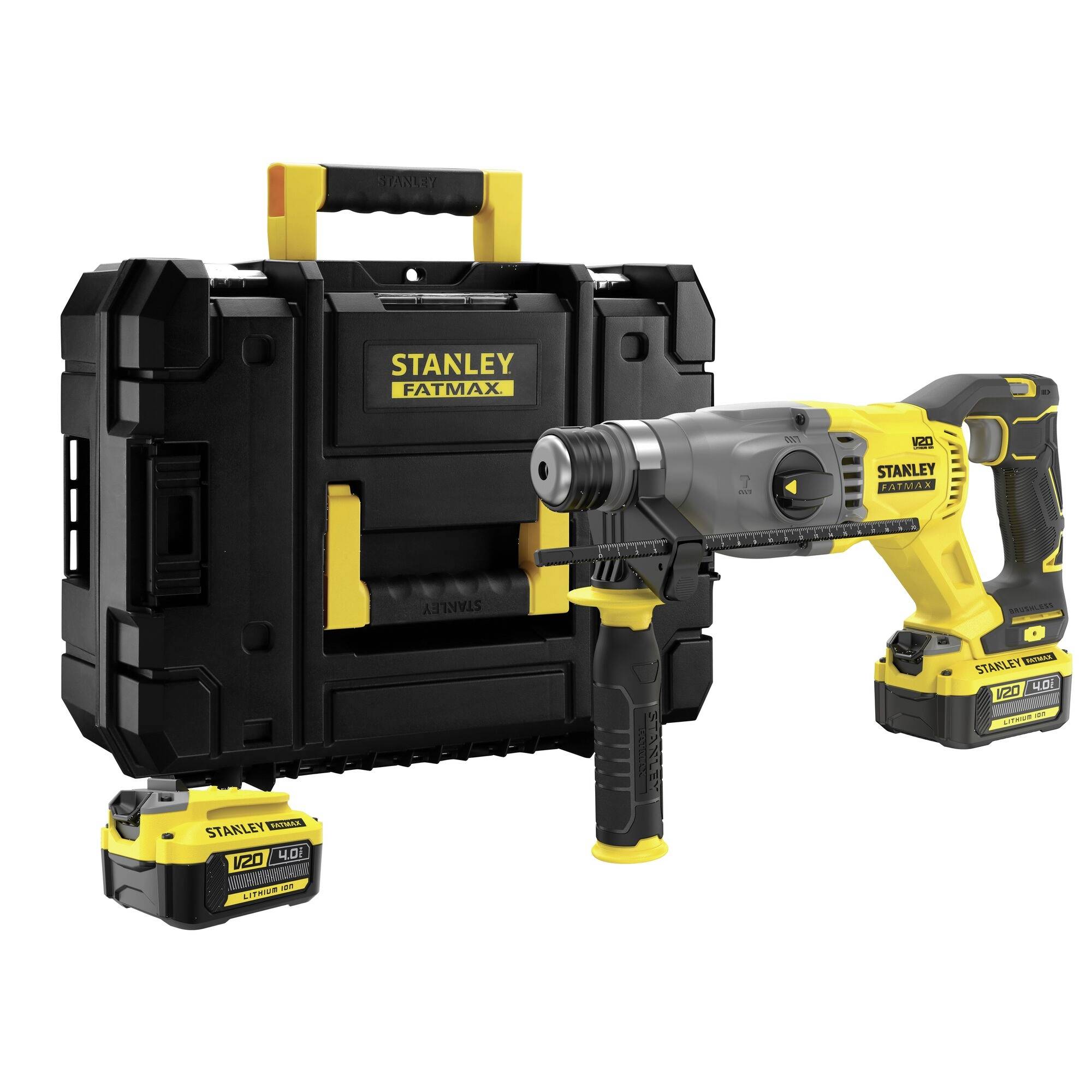 'Stanley Fatmax' gelb-schwarzes kabelloses Rotary-Hammer-Bohrset mit Koffer und Ersatzbatterie.