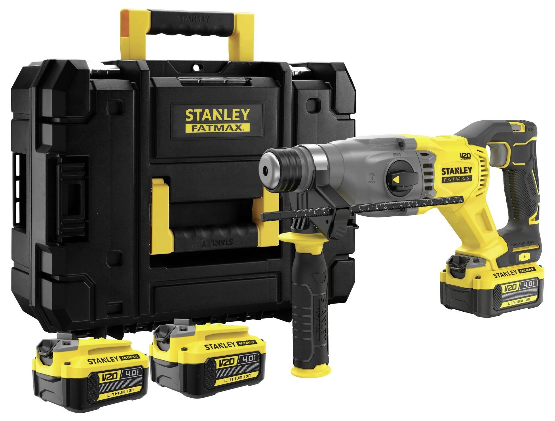Ein schnurloses, gelb-schwarzes Stanley Fatmax Elektro-Schlagbohrerset mit zwei Akkus und einer schwarzen Transporttasche.