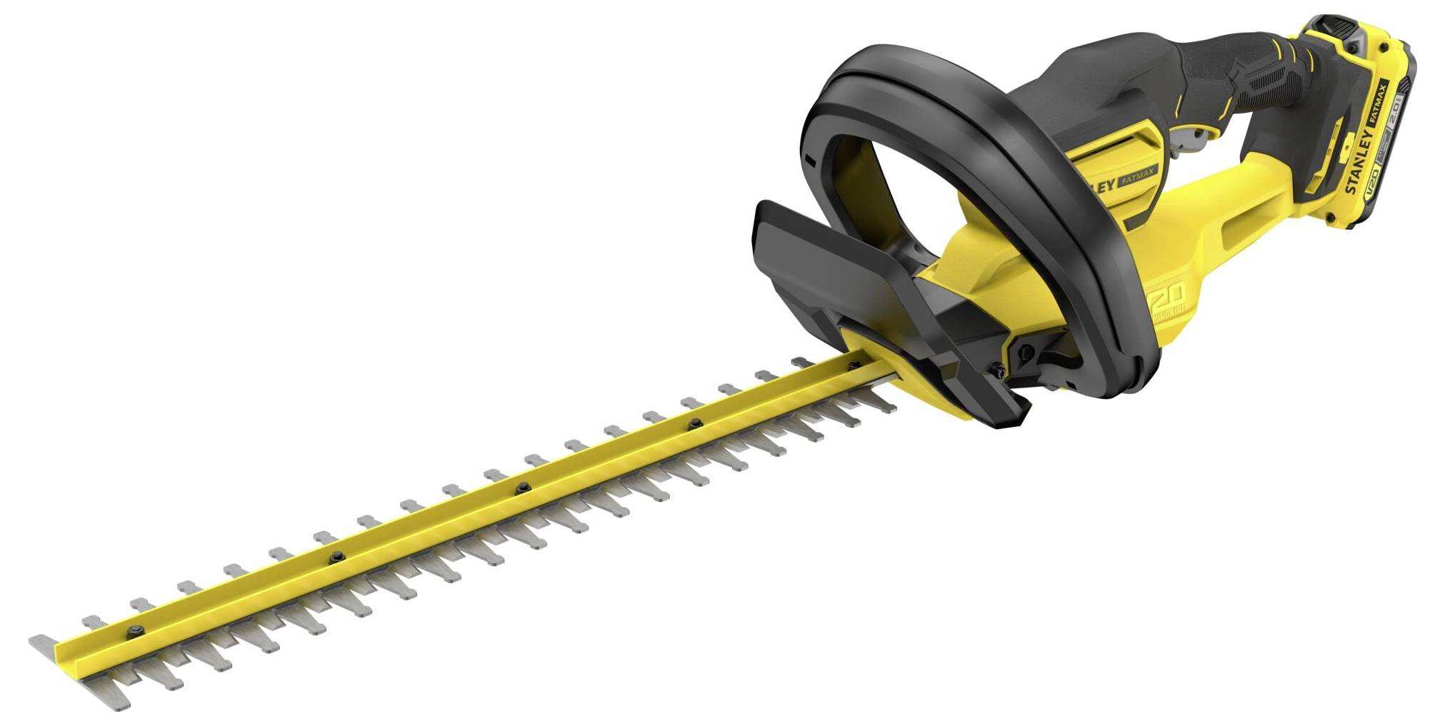 Ein gelb-schwarzer, akkubetriebener Heckenschneider mit langer Klinge und ergonomischem Griff, konzipiert zum Schneiden von Büschen und Hecken.