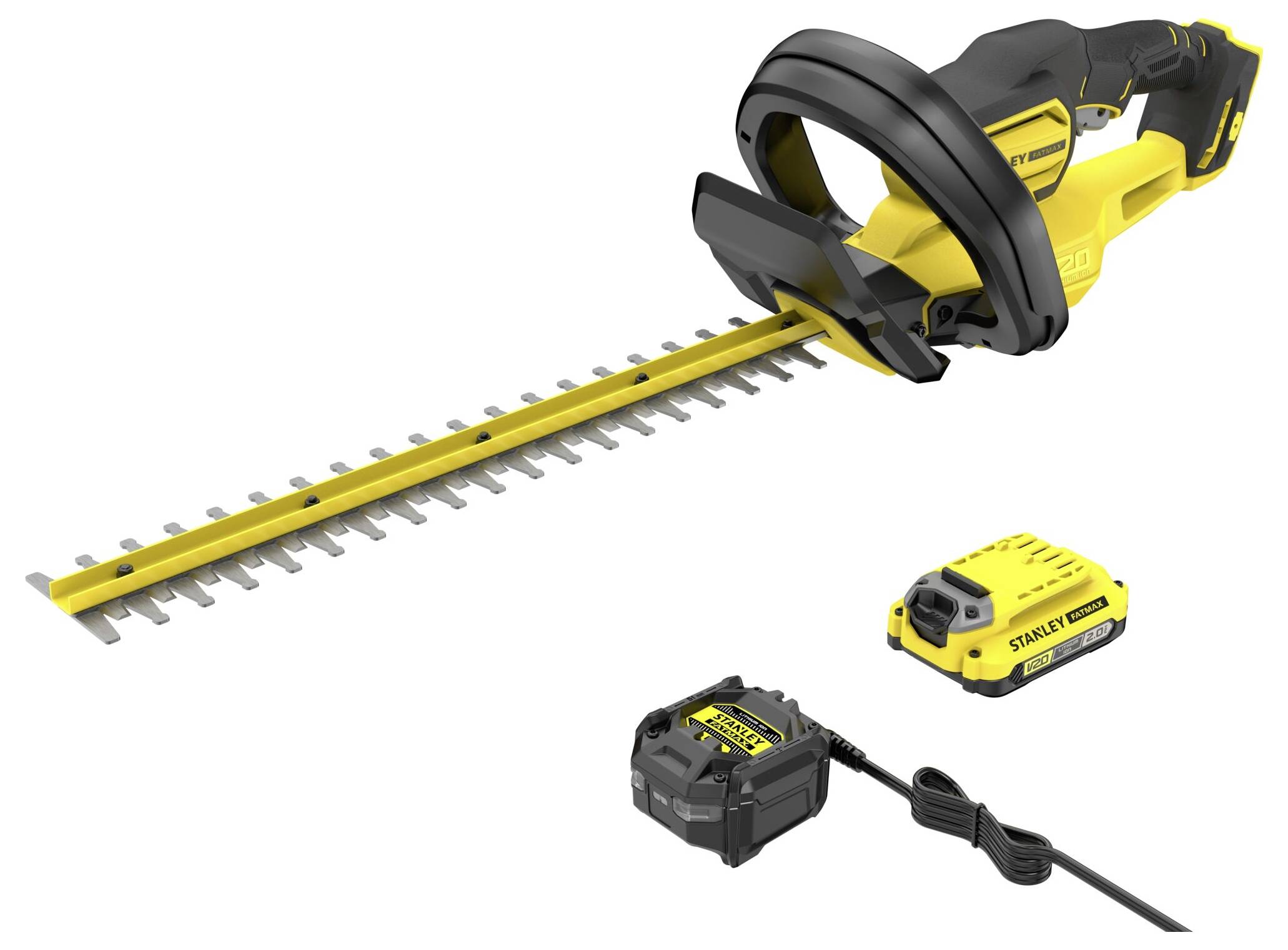 Ein schwarzer und gelber elektrischer Heckenschneider mit einer langen Klinge, gezeigt mit einem abnehmbaren Akku und Ladegerät auf weißem Hintergrund.