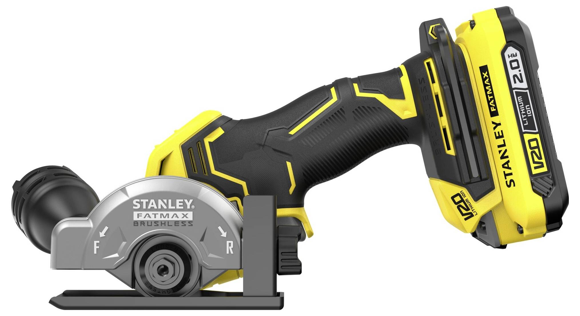 Eine gelb-schwarze STANLEY FATMAX V20 Li-Ion bürstenlose Elektrowerkzeug mit einer Kreissägeblatt, dargestellt in einer Seitenansicht.