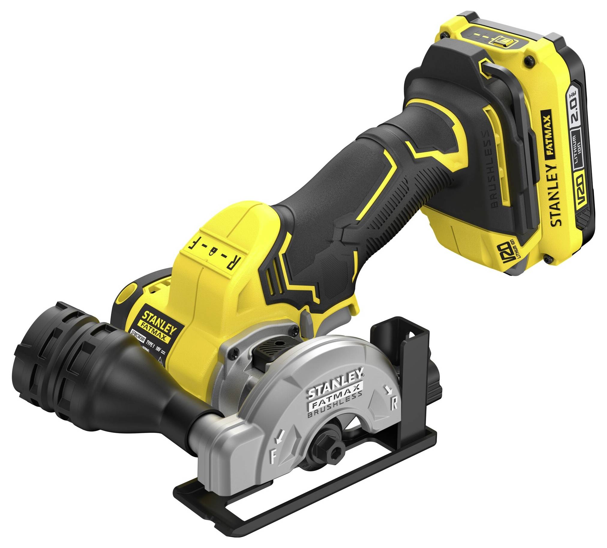 Ein gelbes und schwarzes kabelloses Elektrowerkzeug mit der Bezeichnung „STANLEY FATMAX V20