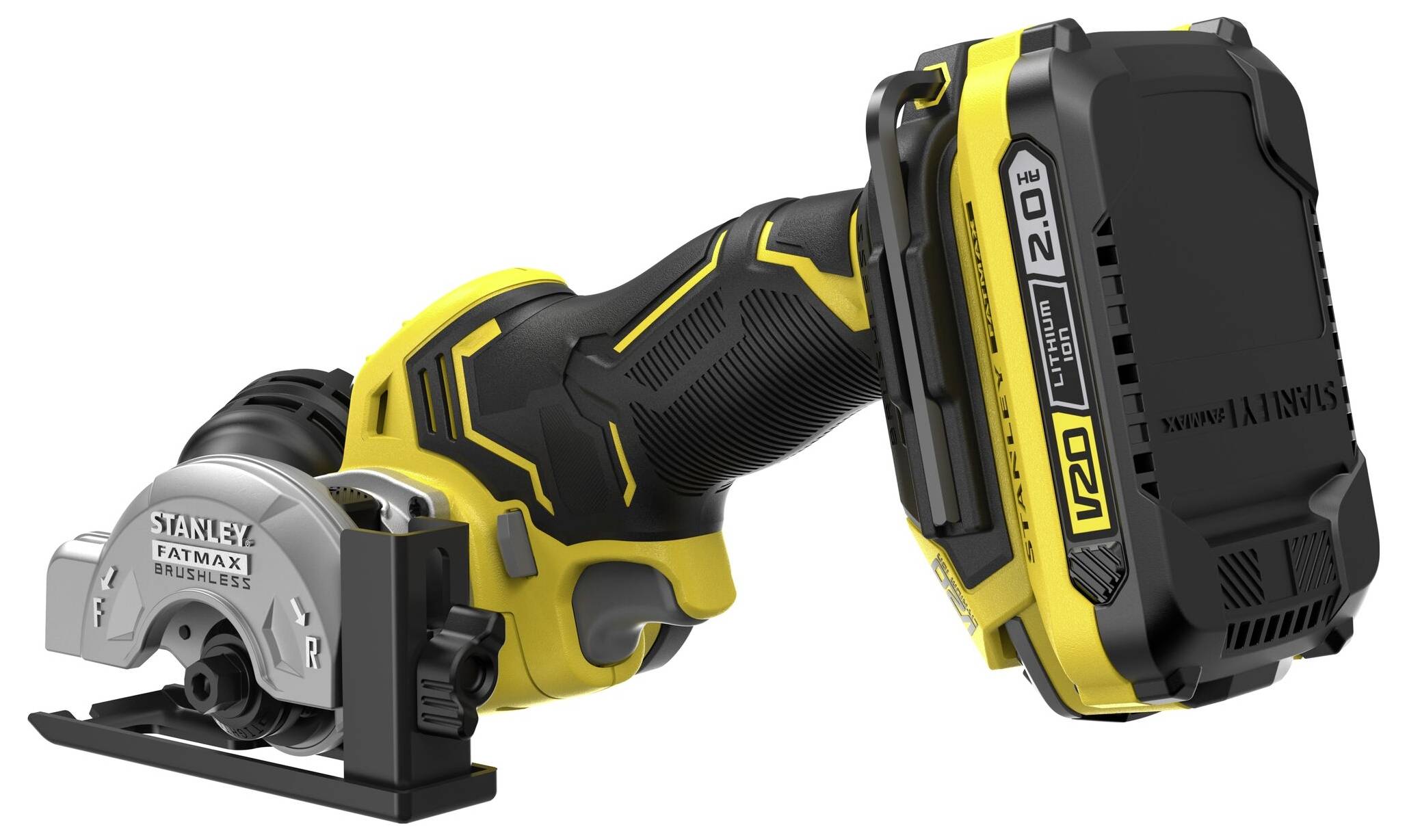 Ein gelb-schwarzes kabelloses Elektrowerkzeug, beschriftet mit „Stanley Fatmax V20