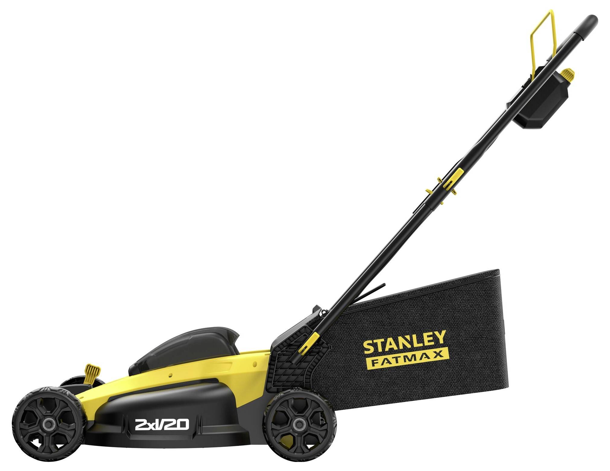 Ein gelb-schwarzer Rasenmäher mit der Bezeichnung 