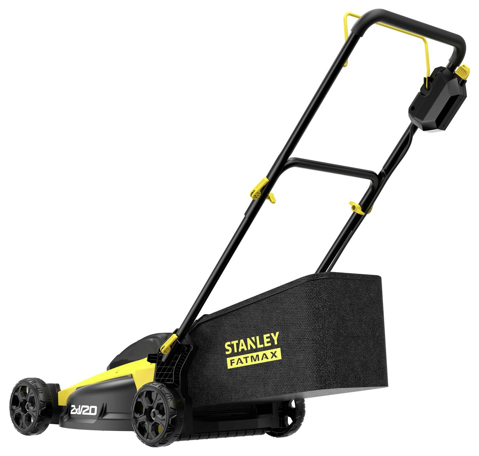 Ein gelb-schwarzer Stanley Fatmax Rasenmäher auf weißem Hintergrund, mit einem kabellosen Design und einer hinteren Grassammelvorrichtung.